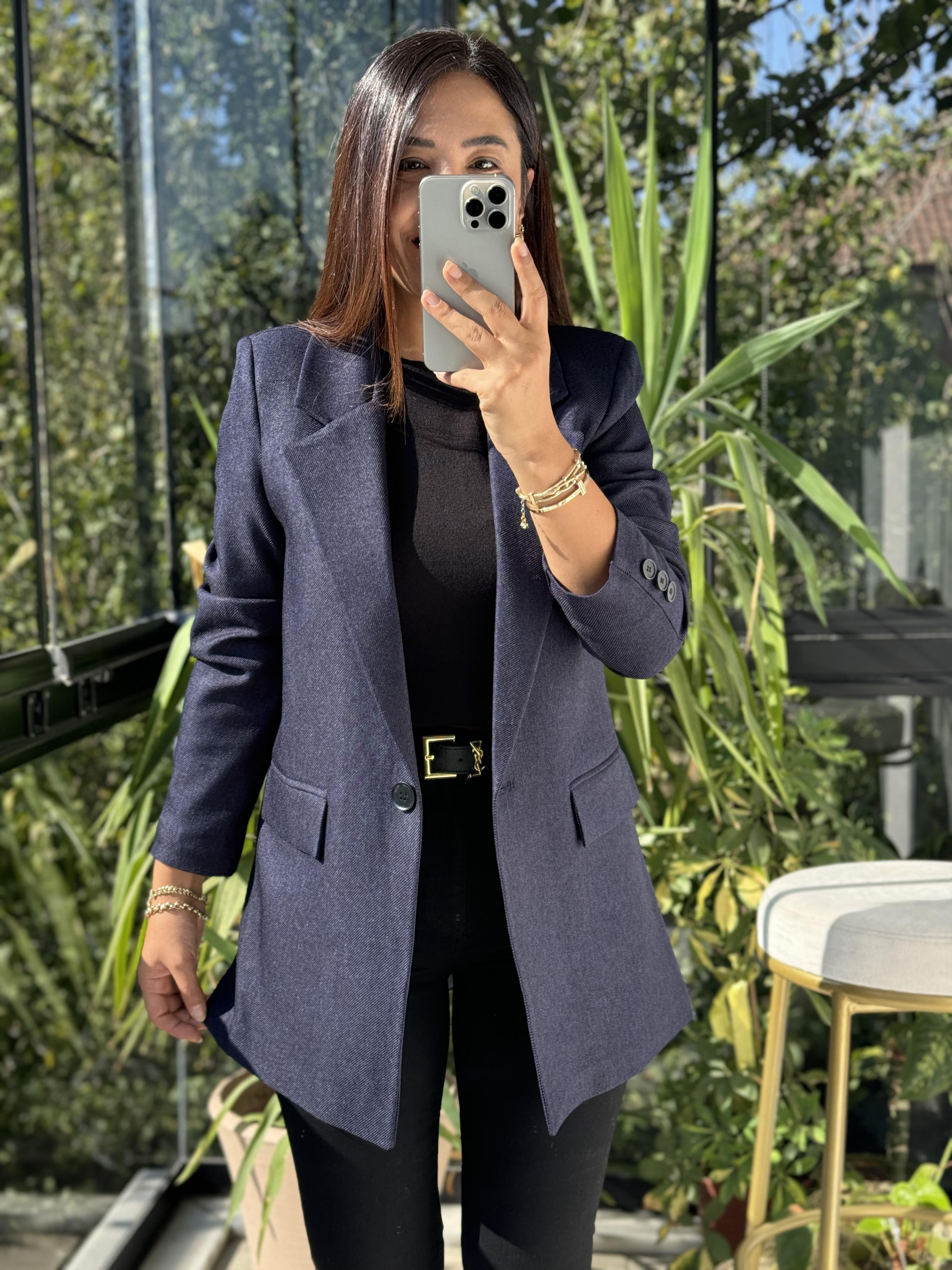 Lacivert Yün Efekt Kumaş Blazer Ceket
