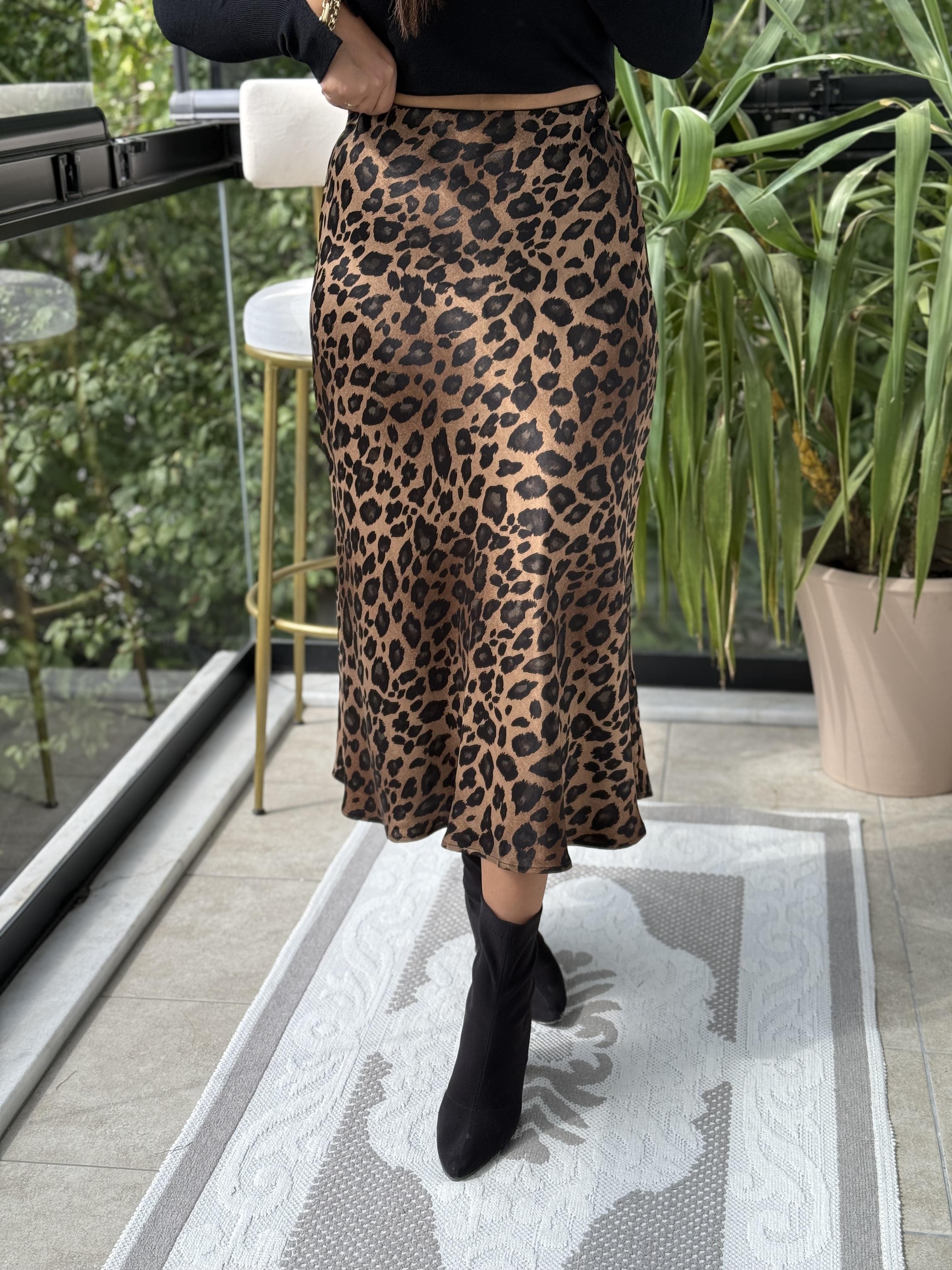Leopar Desenli Saten Etek Kahve