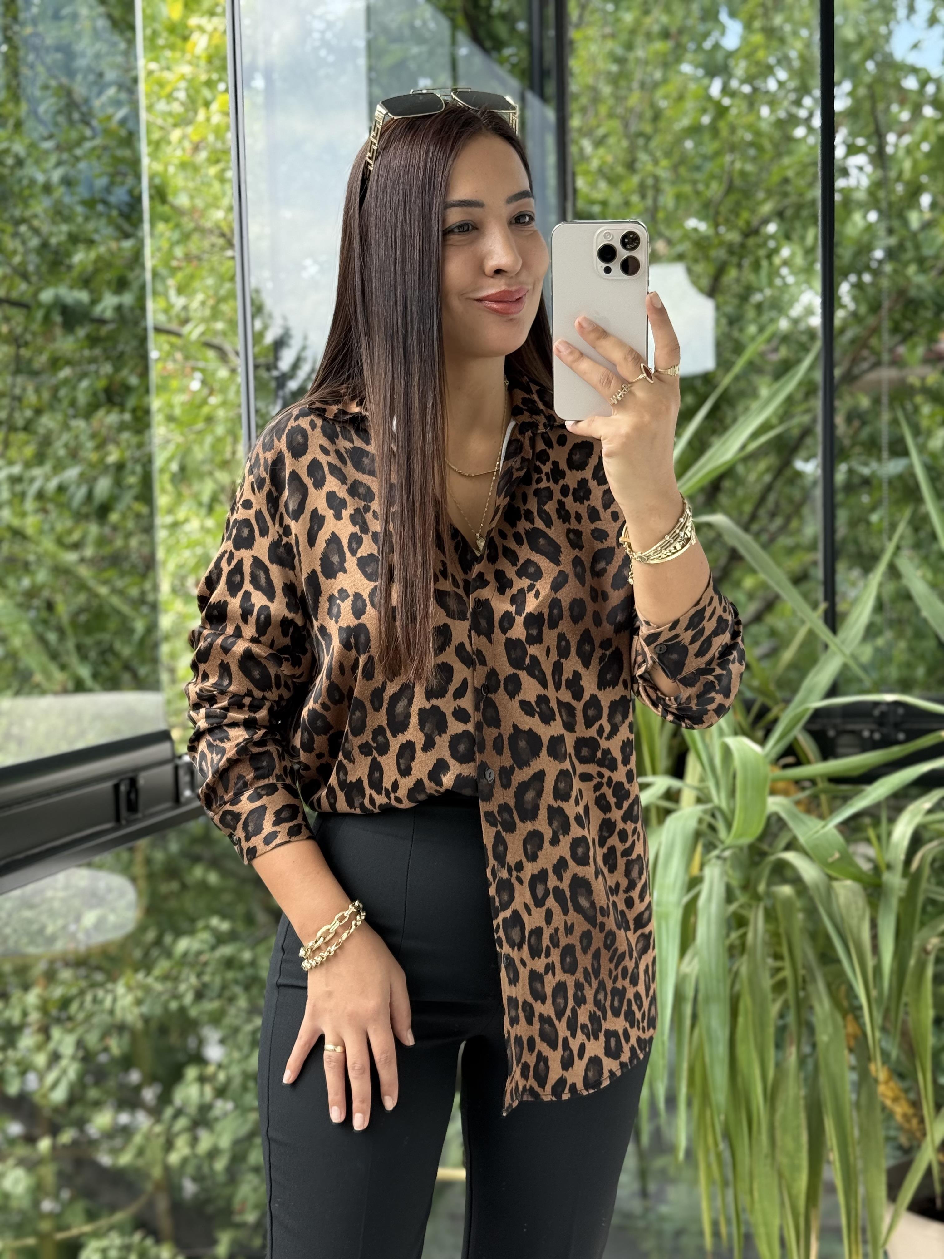 Leopar Saten Gömlek Kahve