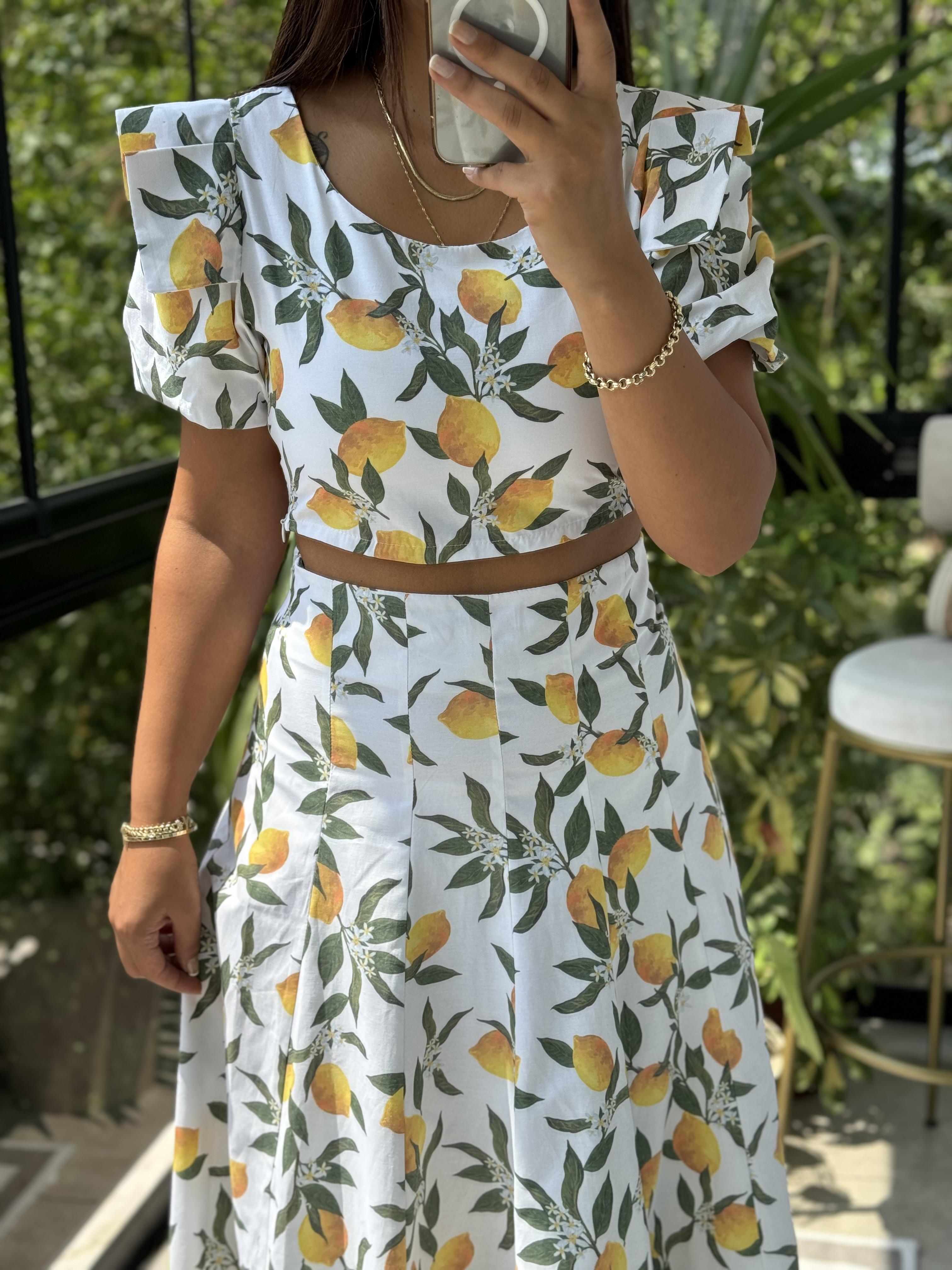 Limon Desenli Crop Etek Takım Beyaz