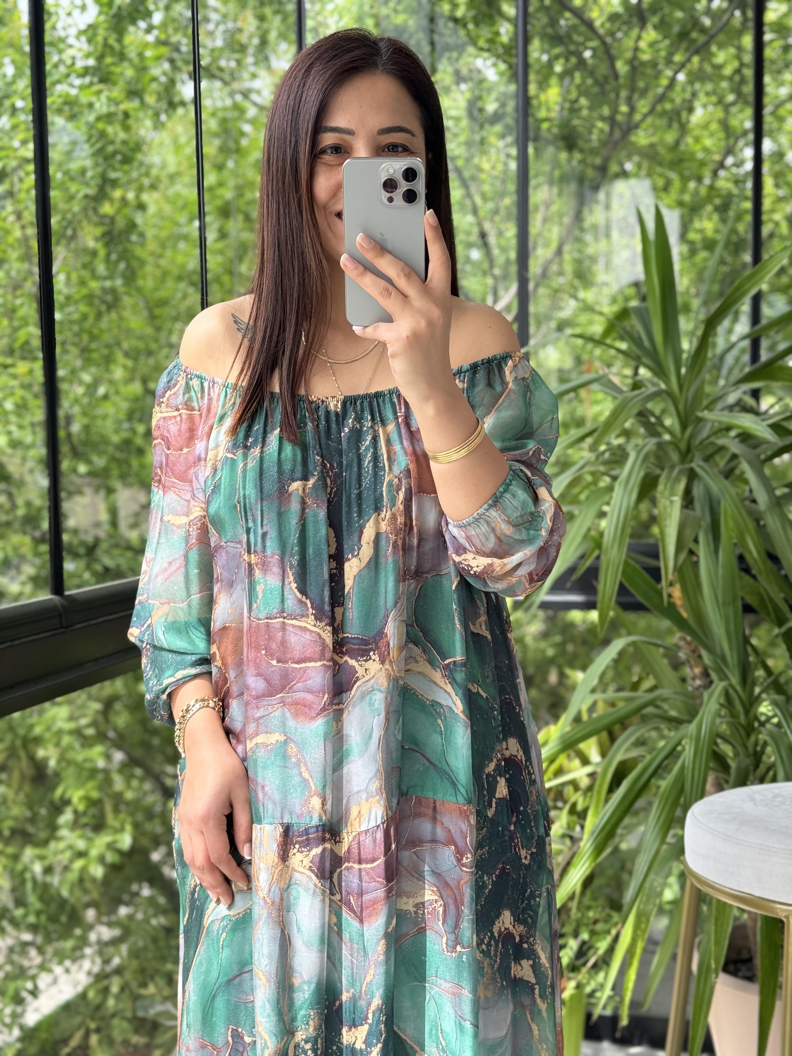 Magma Desen İpek Elbise Zümrüt