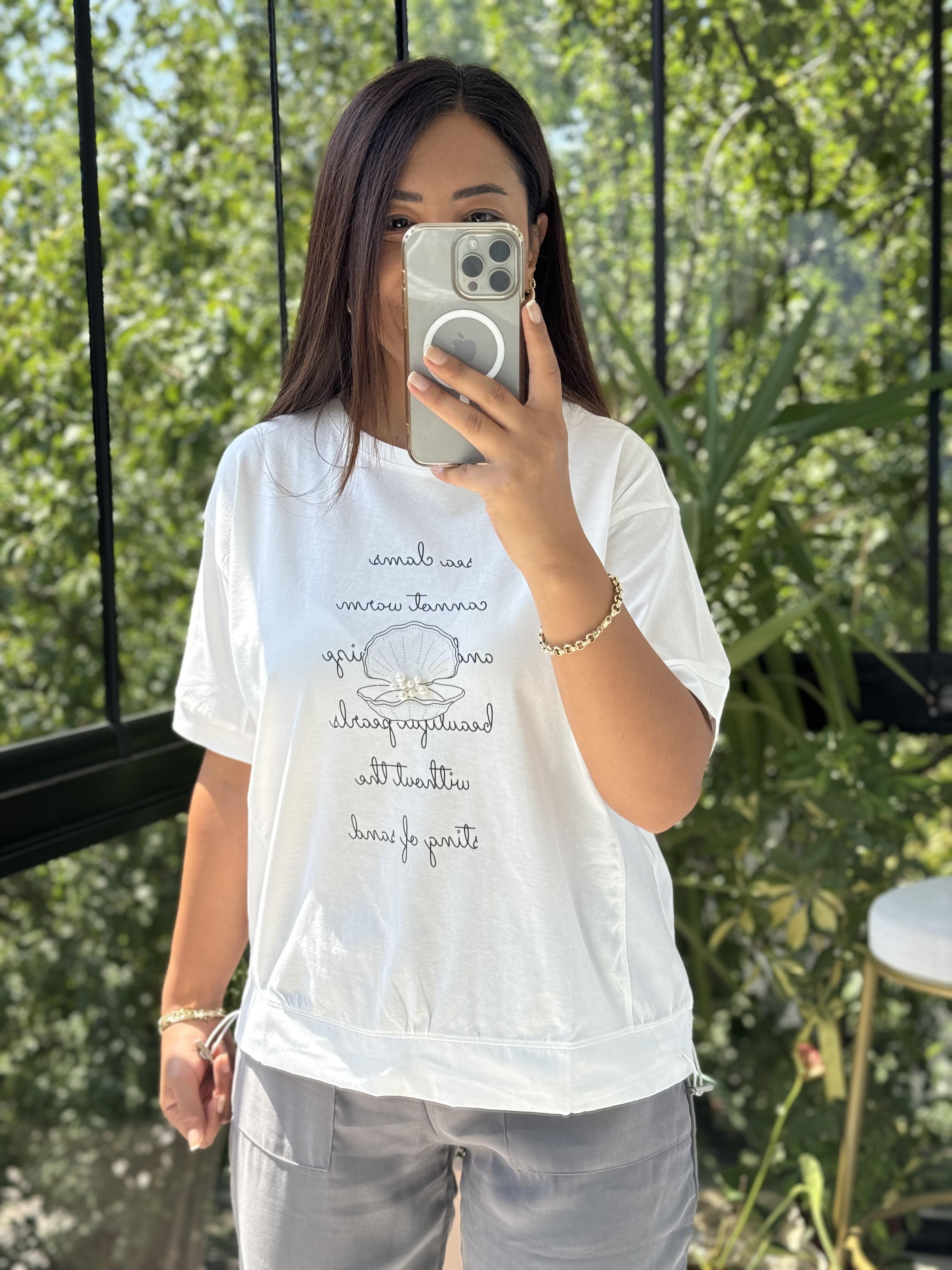 Midye İncili Tişört Beyaz