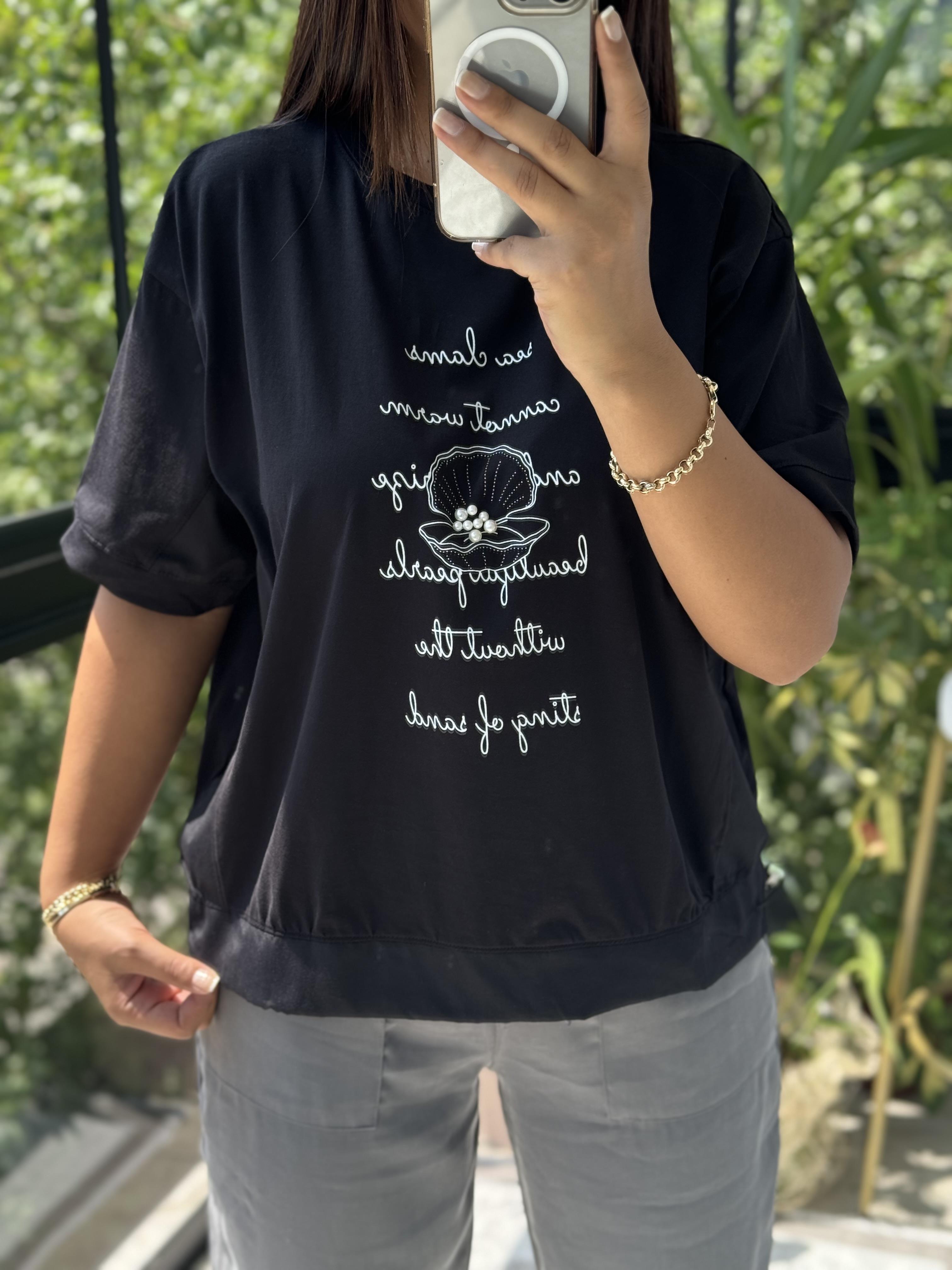 Midye İncili Tişört Siyah