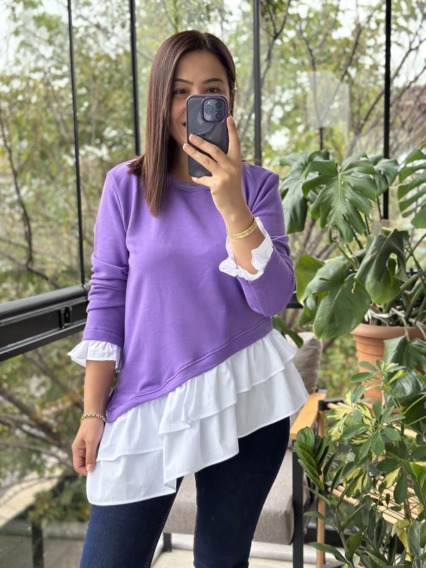 Mor Çapraz Kesim Tasarım Sweatshirt