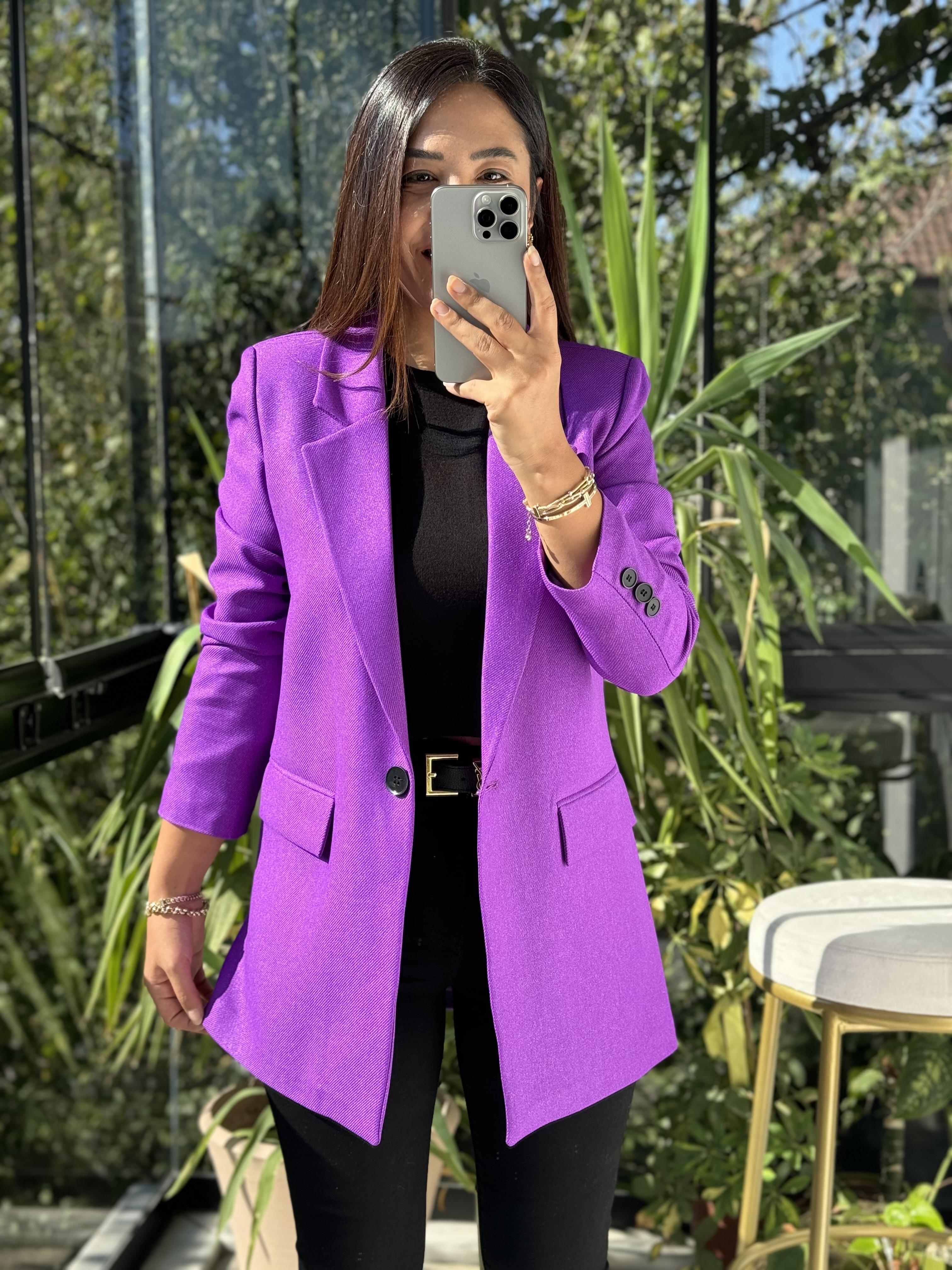 Mor Yün Efekt Kumaş Blazer Ceket