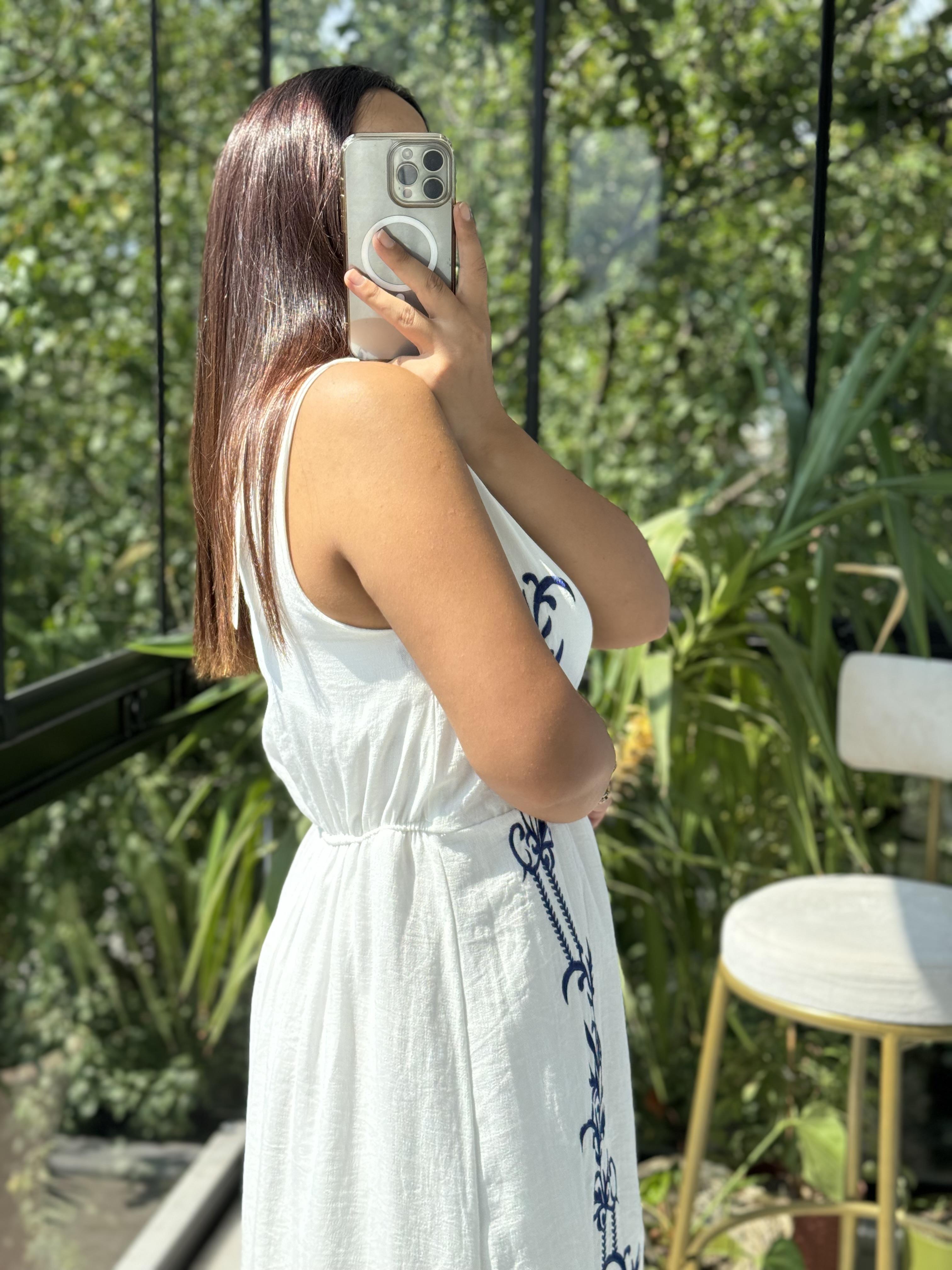 Nakışlı Askılı Elbise Lacivert