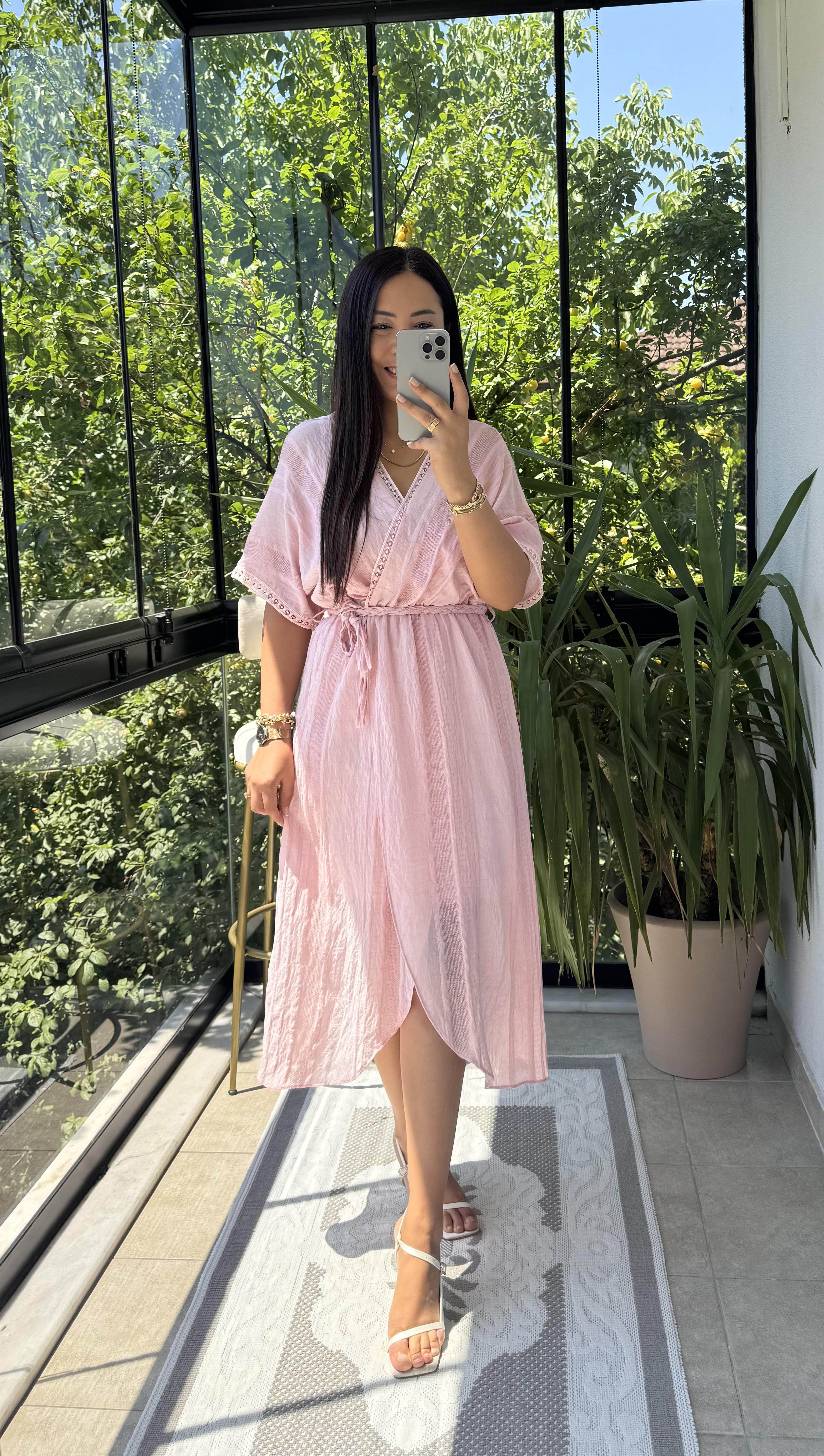 Nakışlı Kruvaze Elbise Pembe