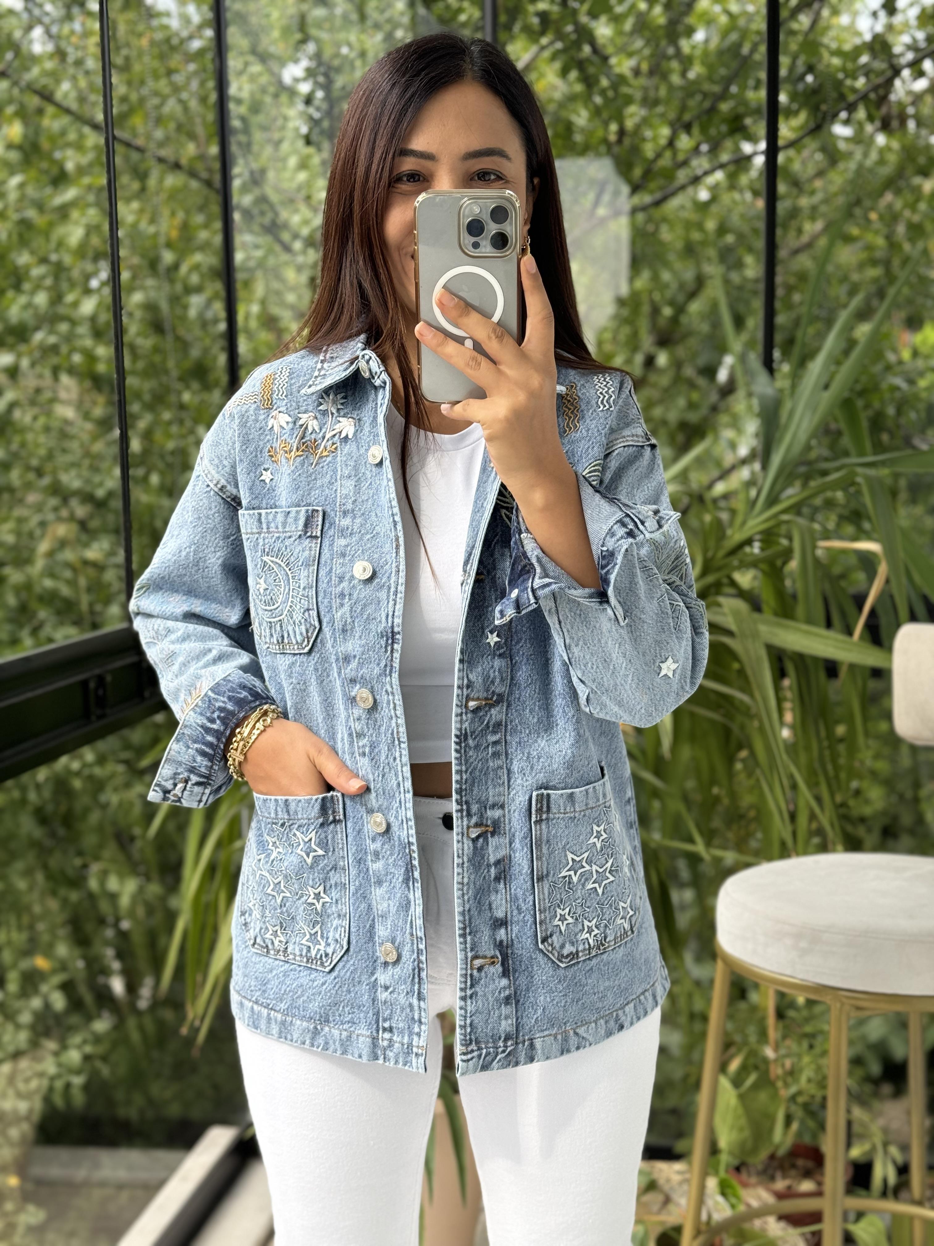 Nakışlı Worker Ceket Açık Mavi