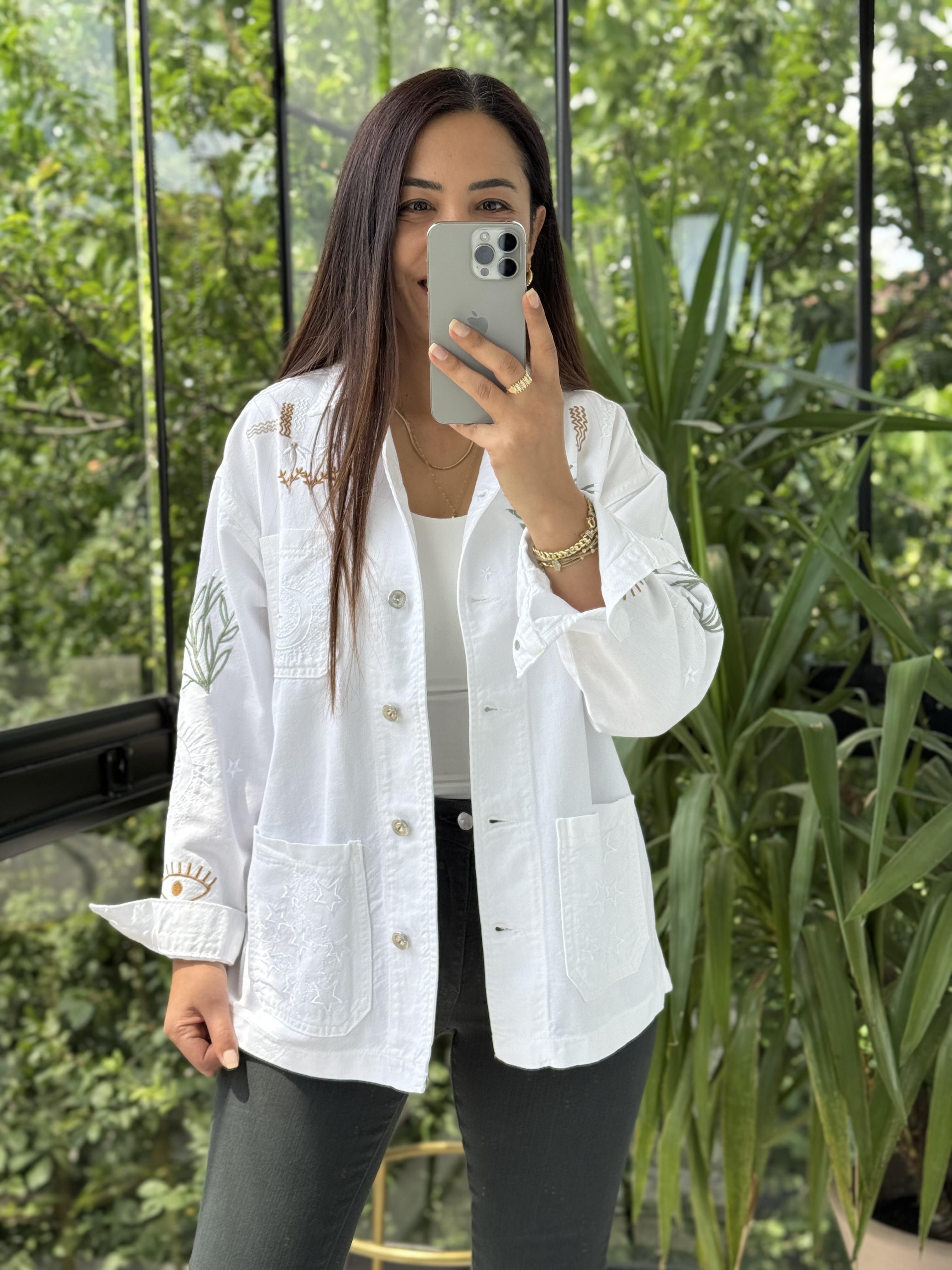 Nakışlı Worker Ceket Krem