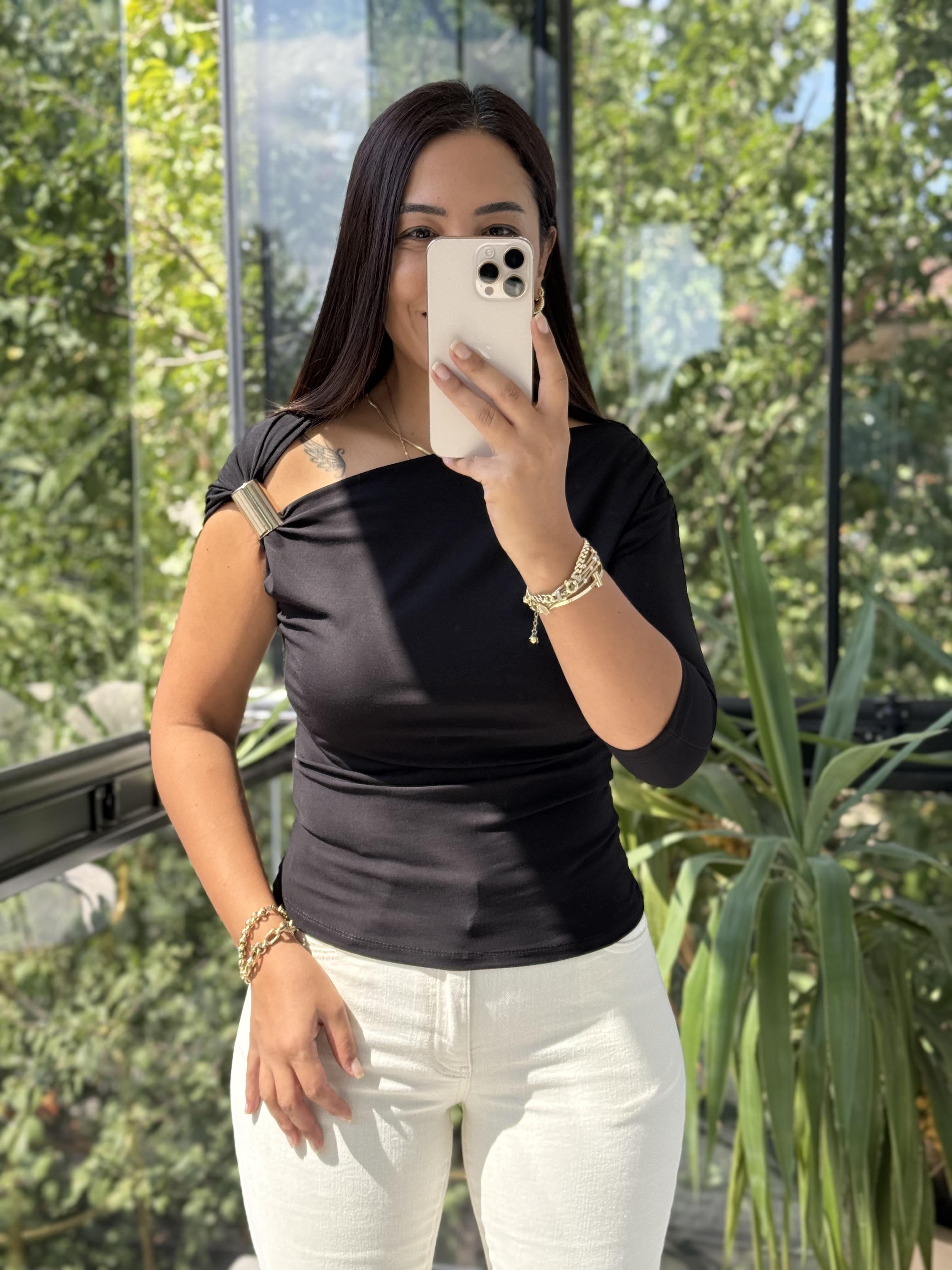 Omuz Detaylı Sandy Bluz Siyah