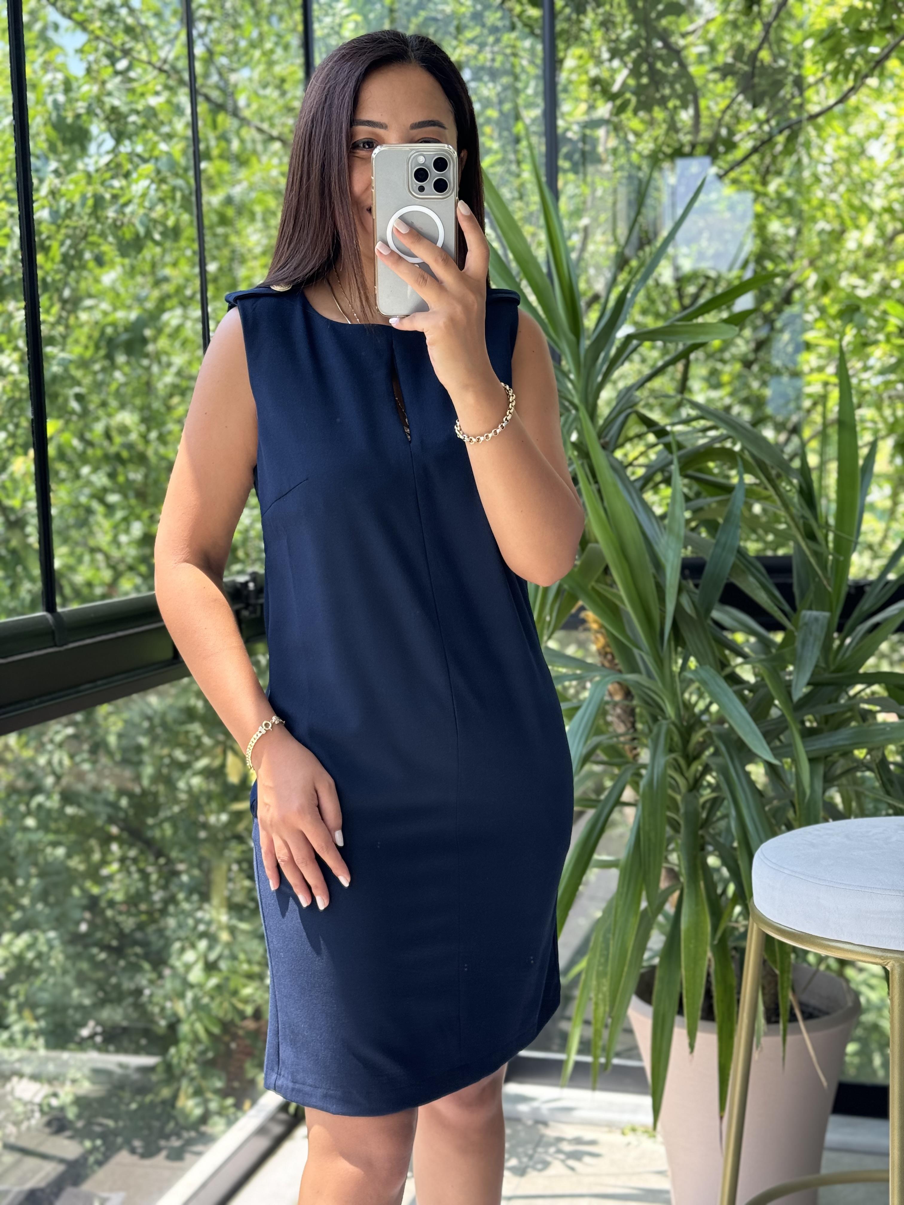 Omuz Düğmeli Apoletli Elbise Lacivert