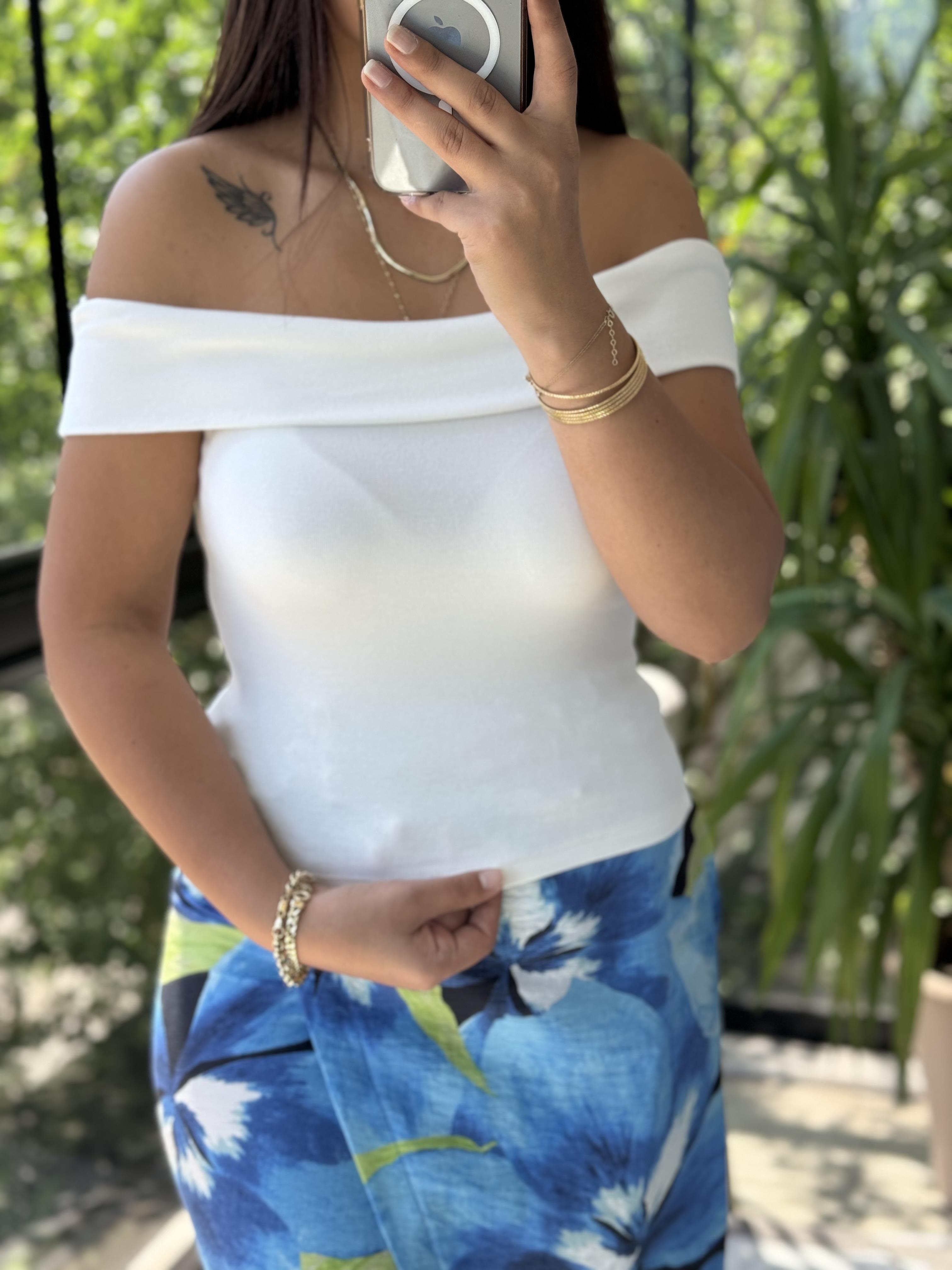 Omuzları Açık Crop Top Ekru