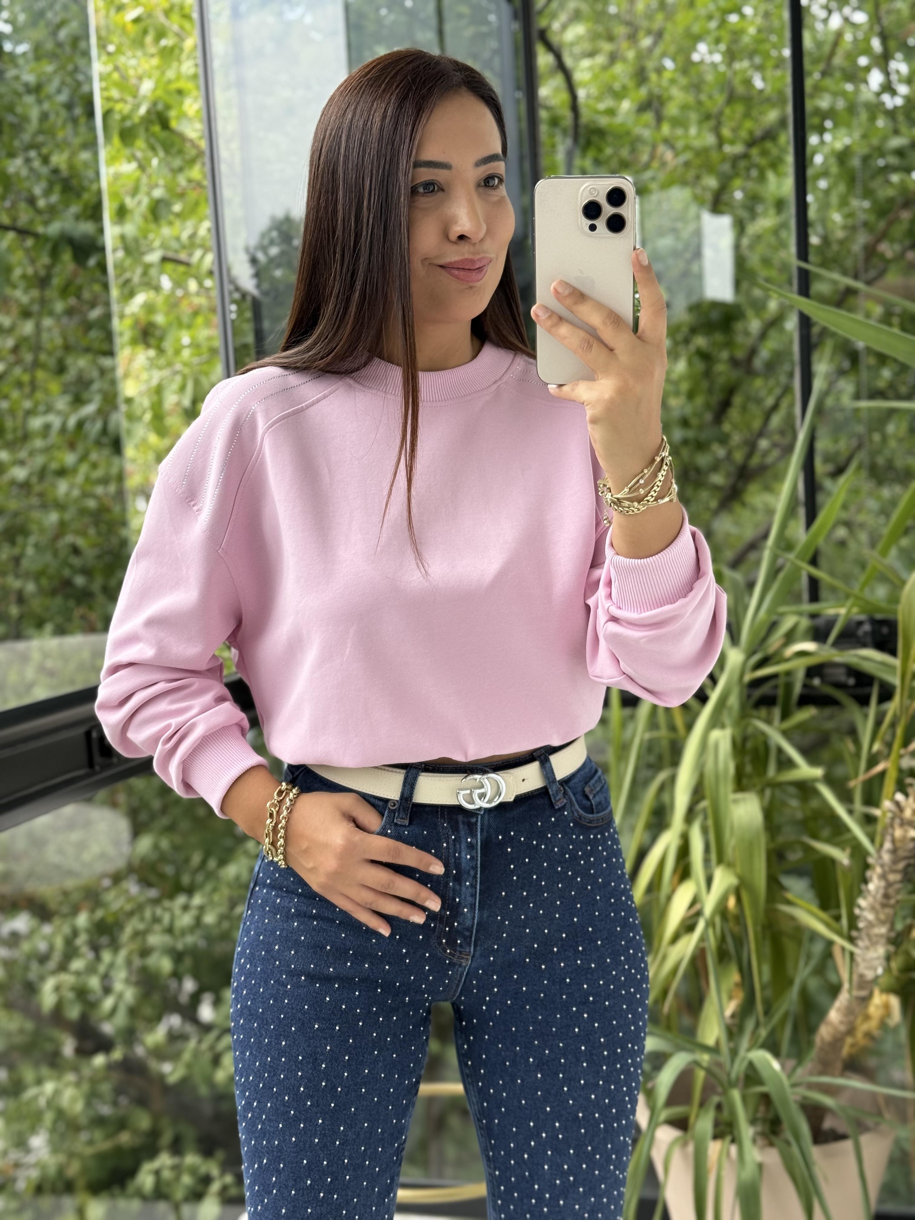 Omzu Sıra Taşlı Sweatshirt Pembe