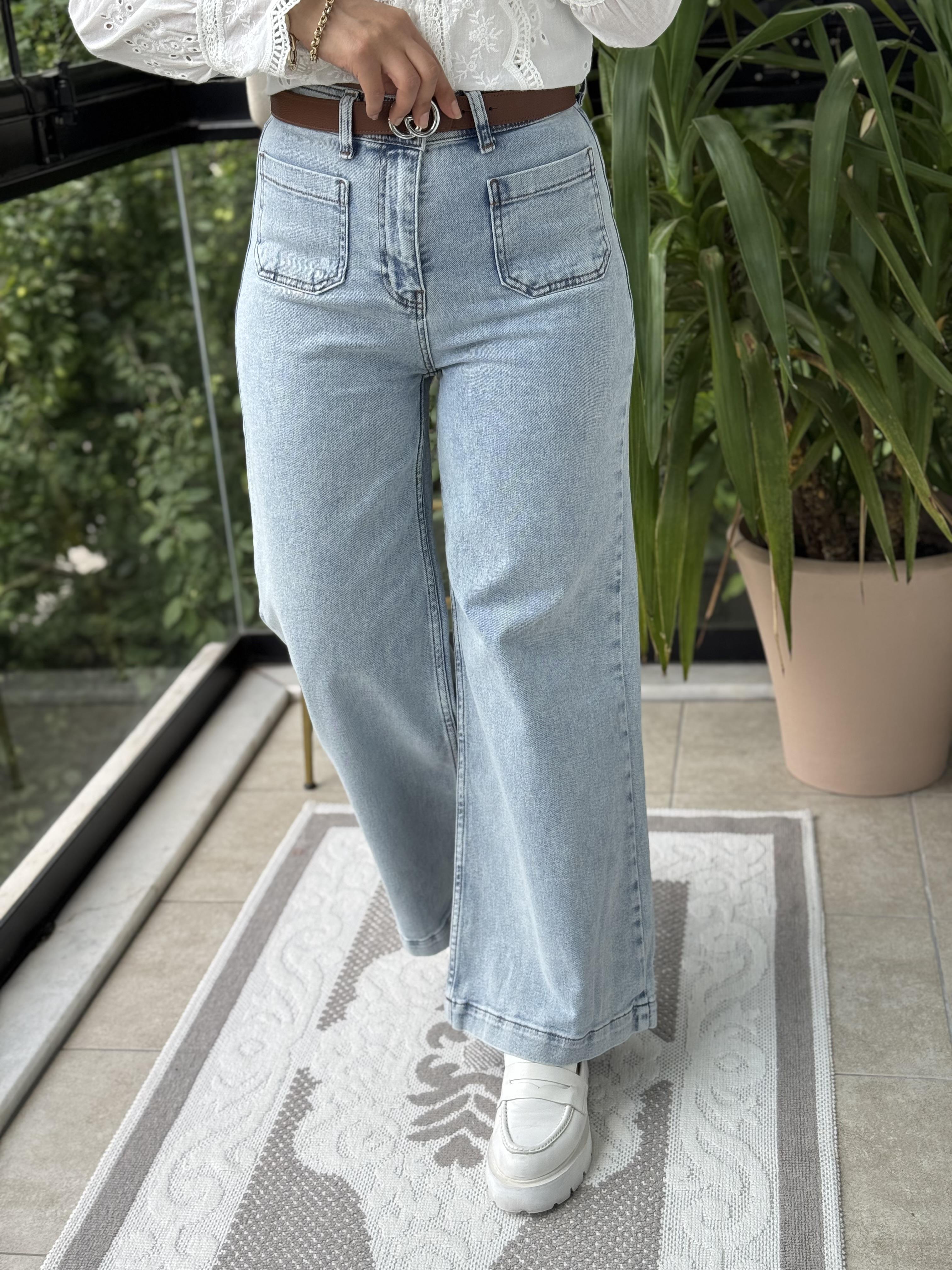 Ön Cep Detaylı Palazzo Jean Kar Yıkama