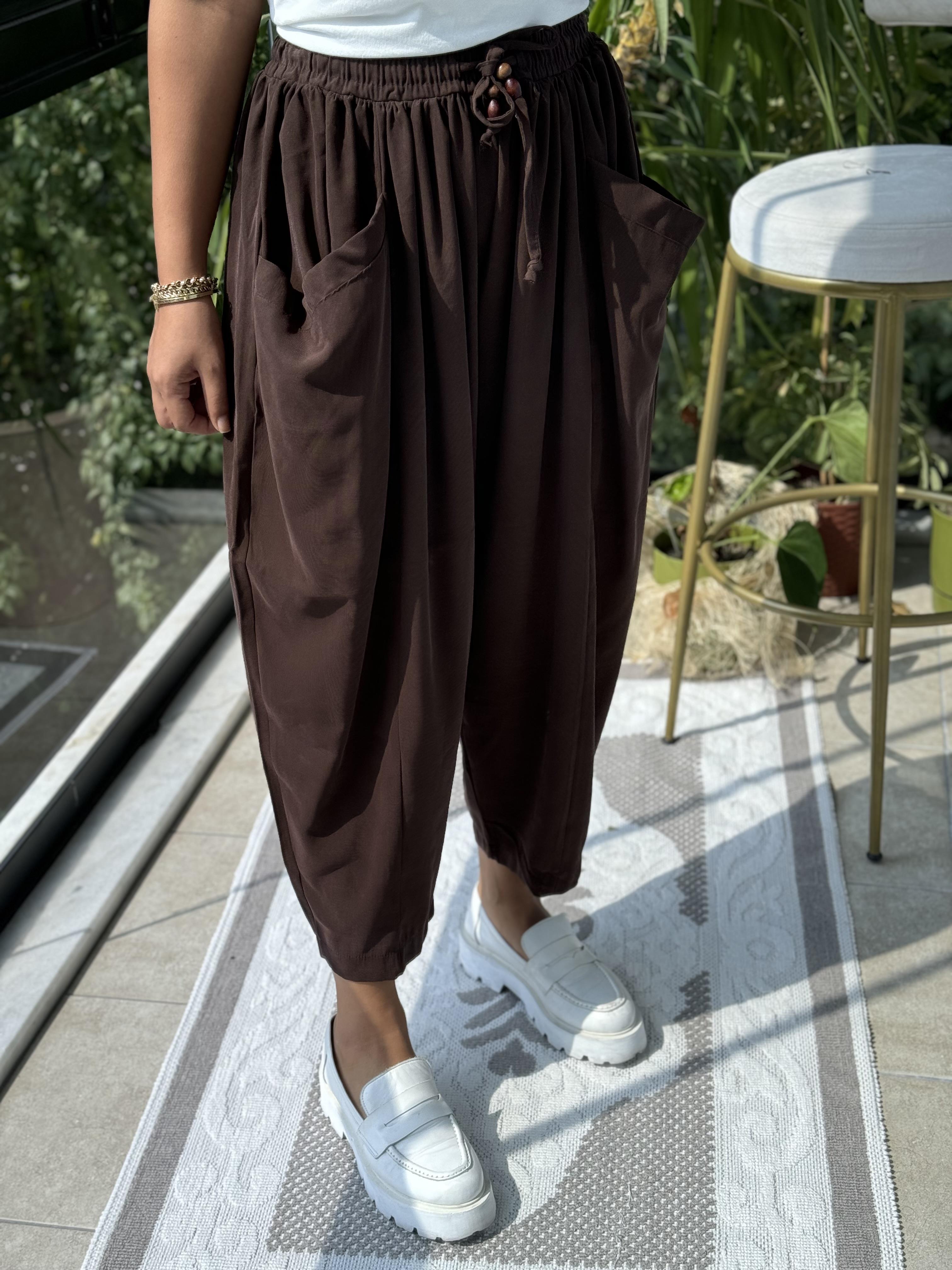 Önden Cepli Şalvar Pantolon Kehve