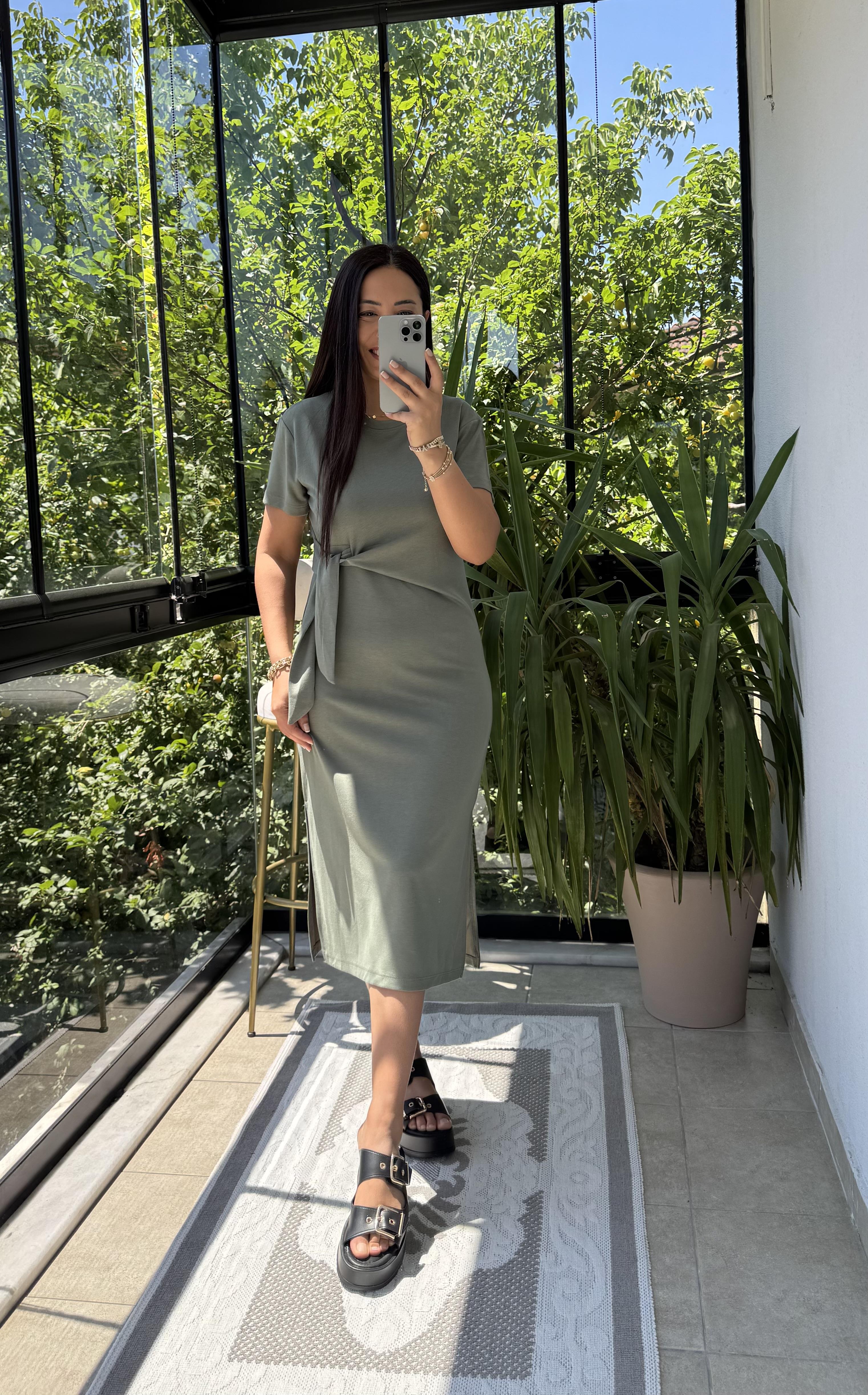 Önü Bağlama Detaylı Modal Elbise Haki Yeşili