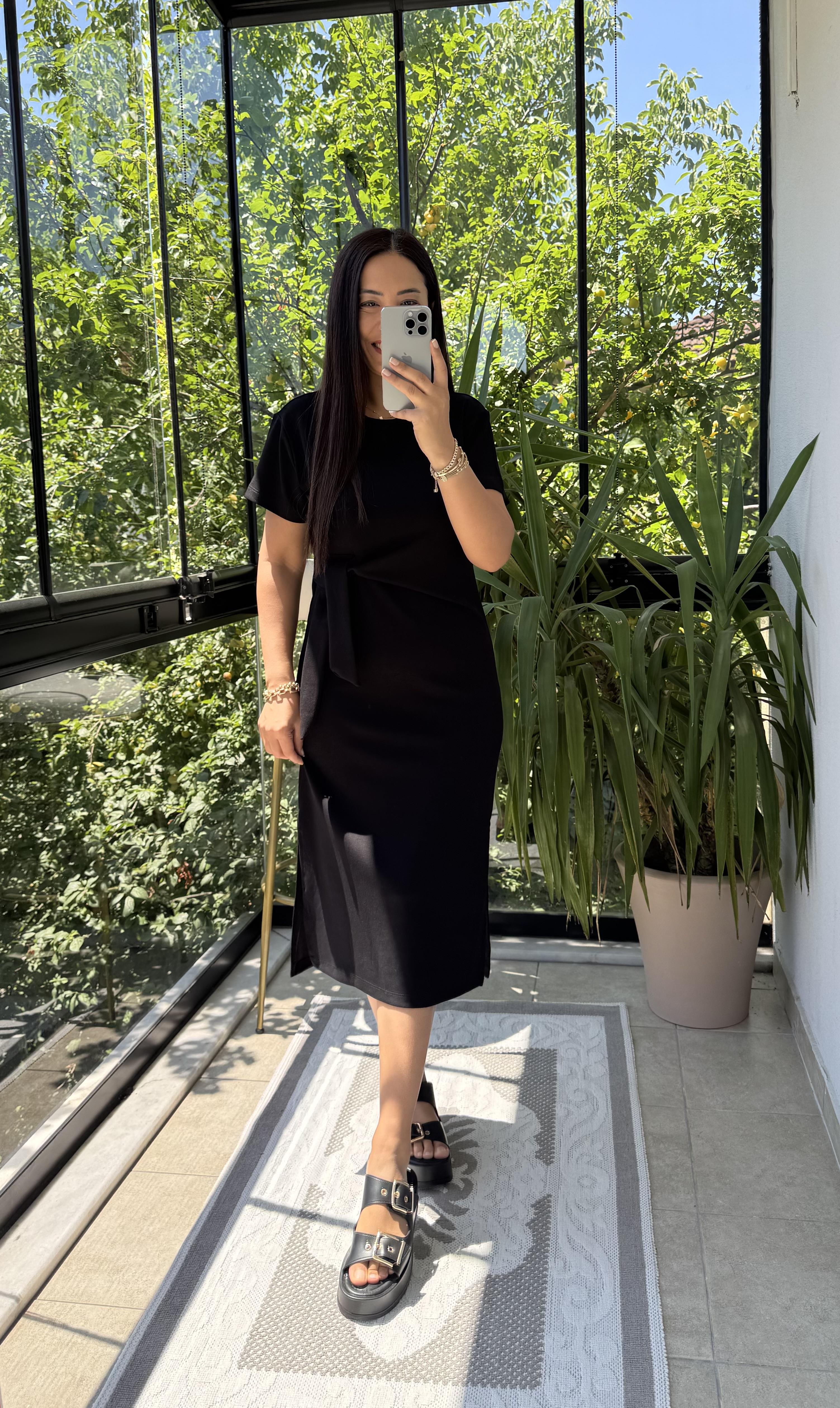 Önü Bağlama Detaylı Modal Elbise Siyah