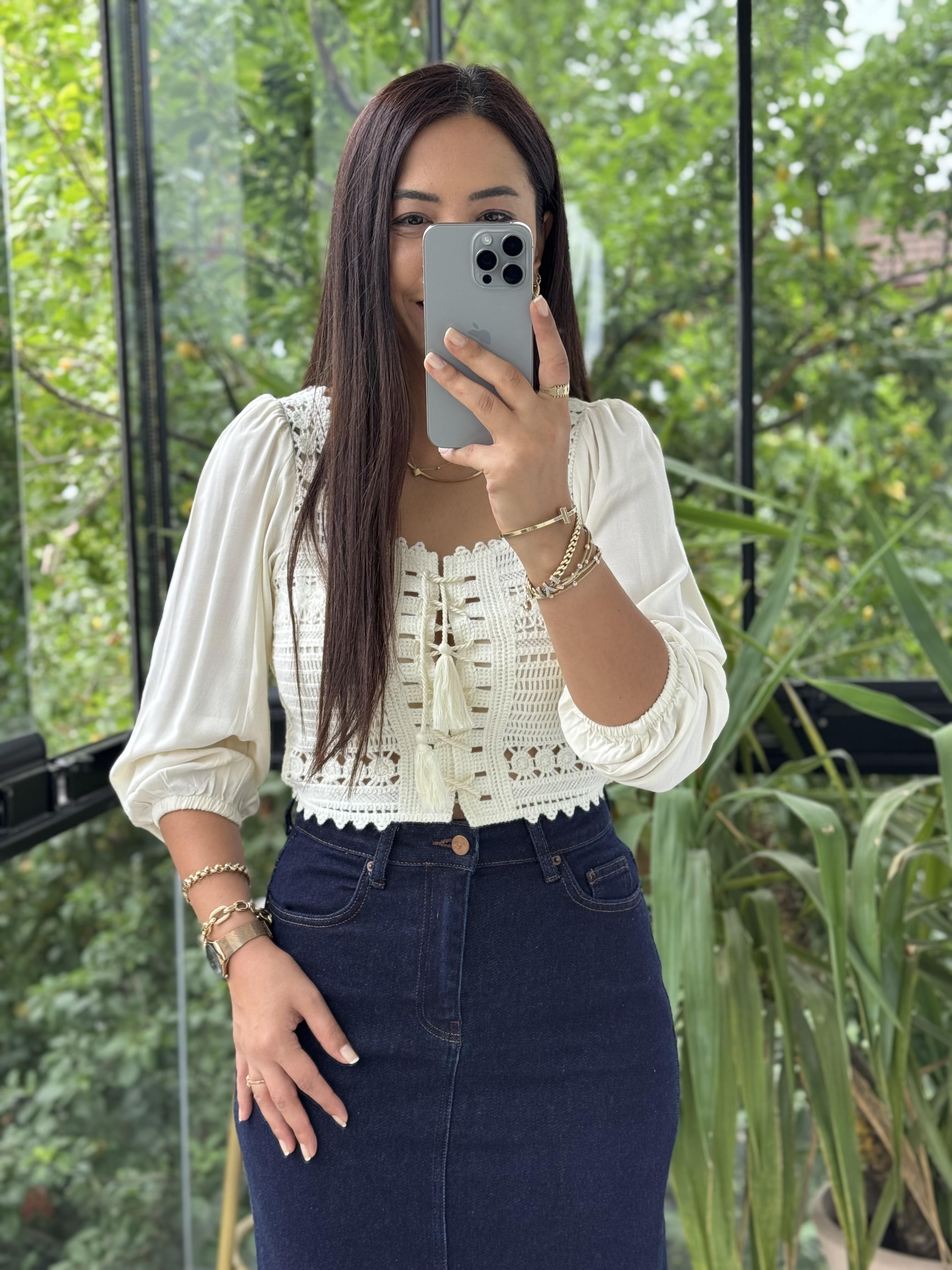 Örme Crop Bluz Krem