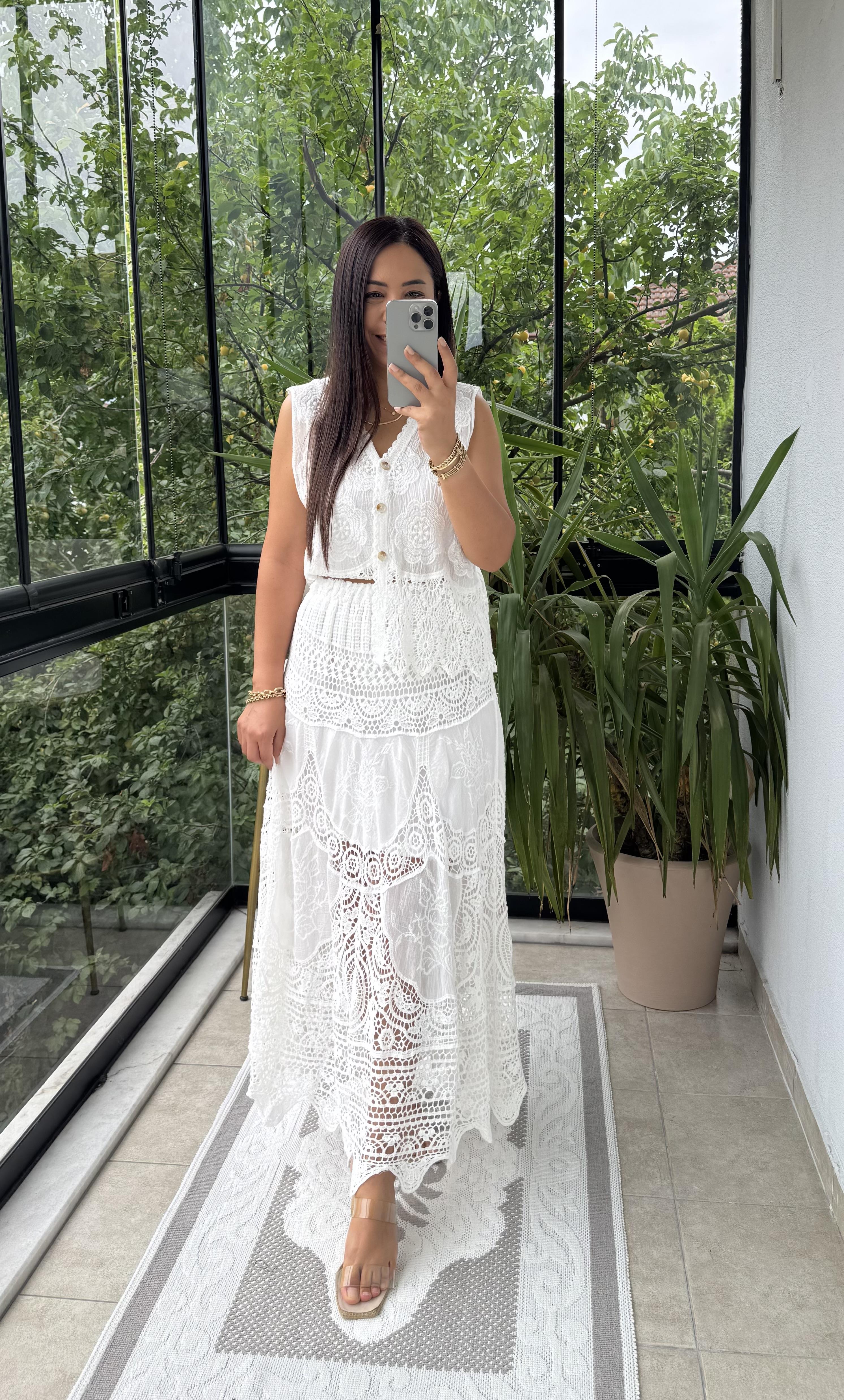 Örme Dantelli Etek Beyaz