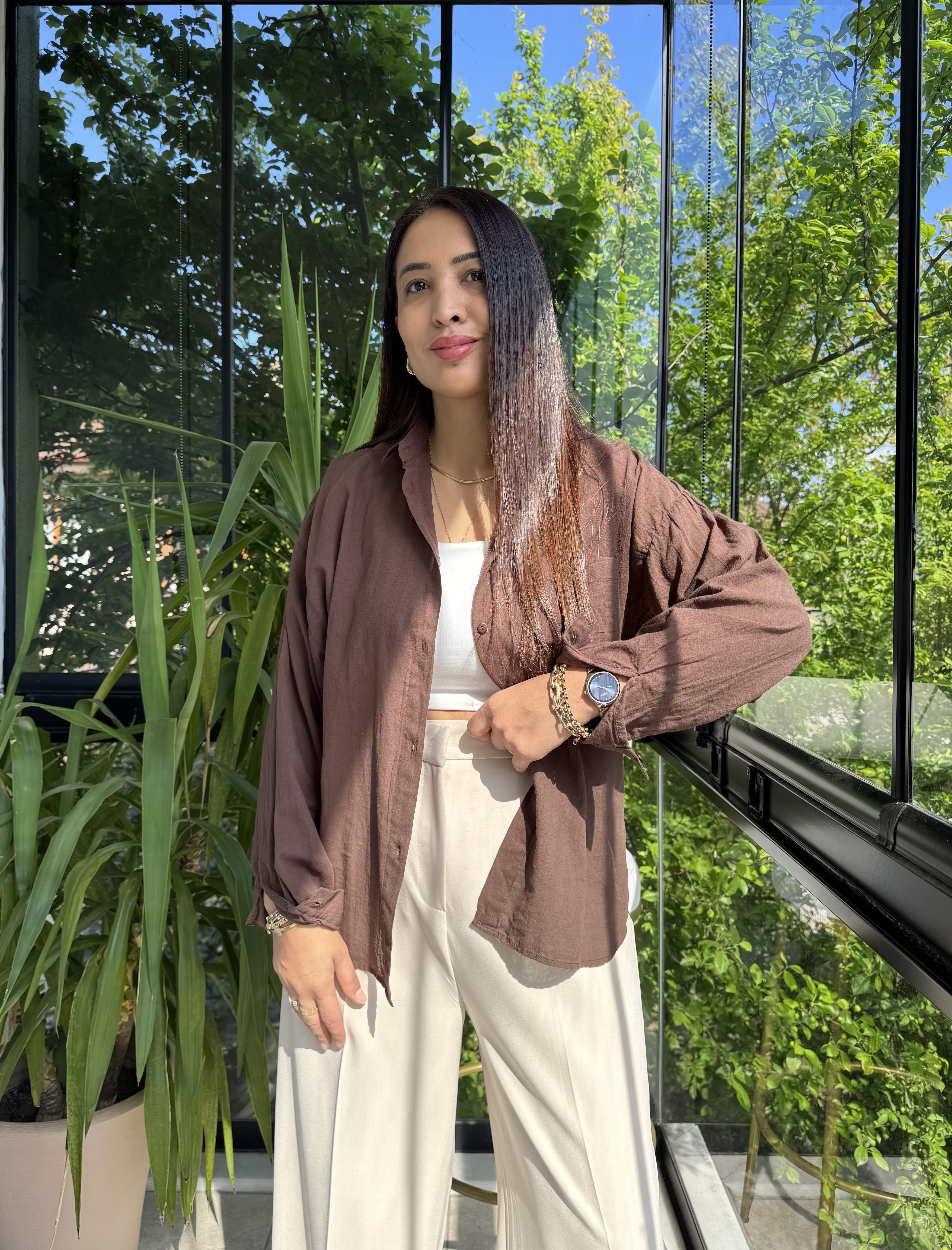 Oversize Natural Pamuklu Gömlek Kahve