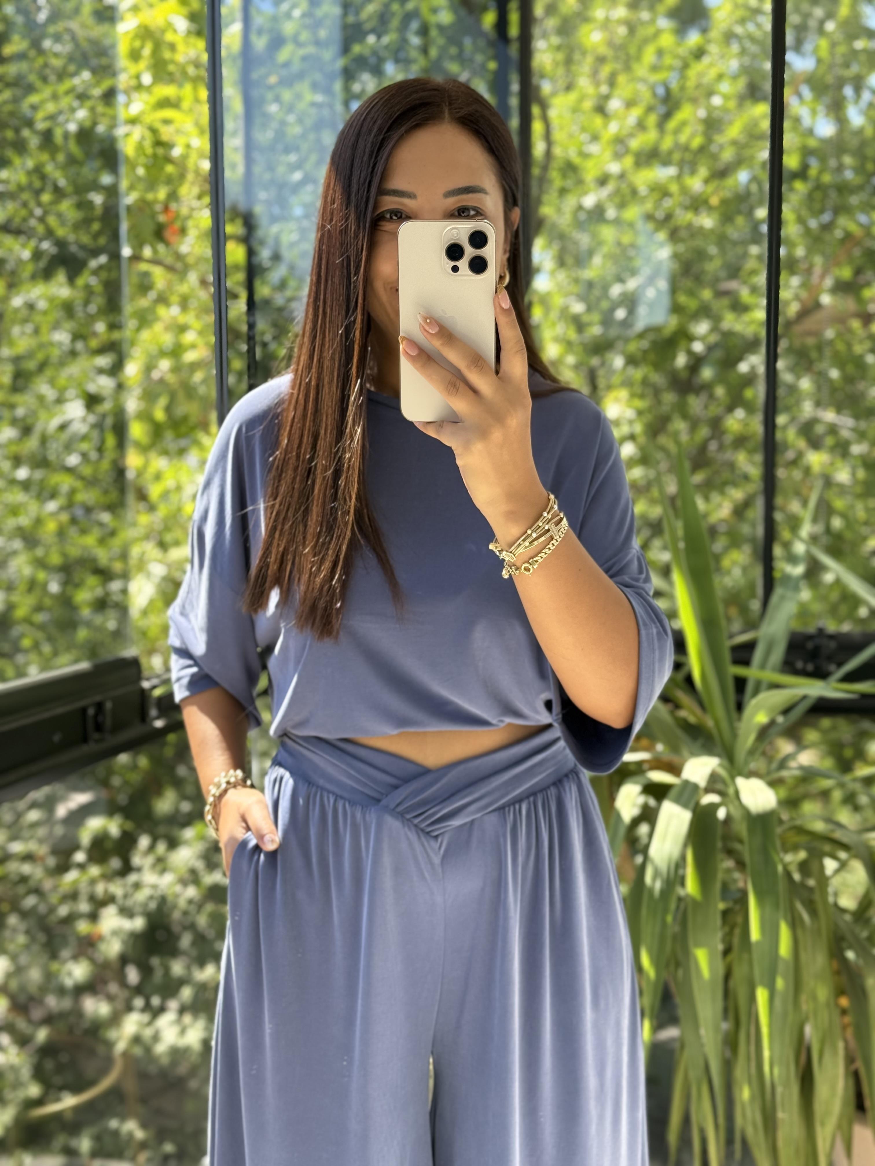 Oversize Oysh Kumaş Tişört İndigo Mavi