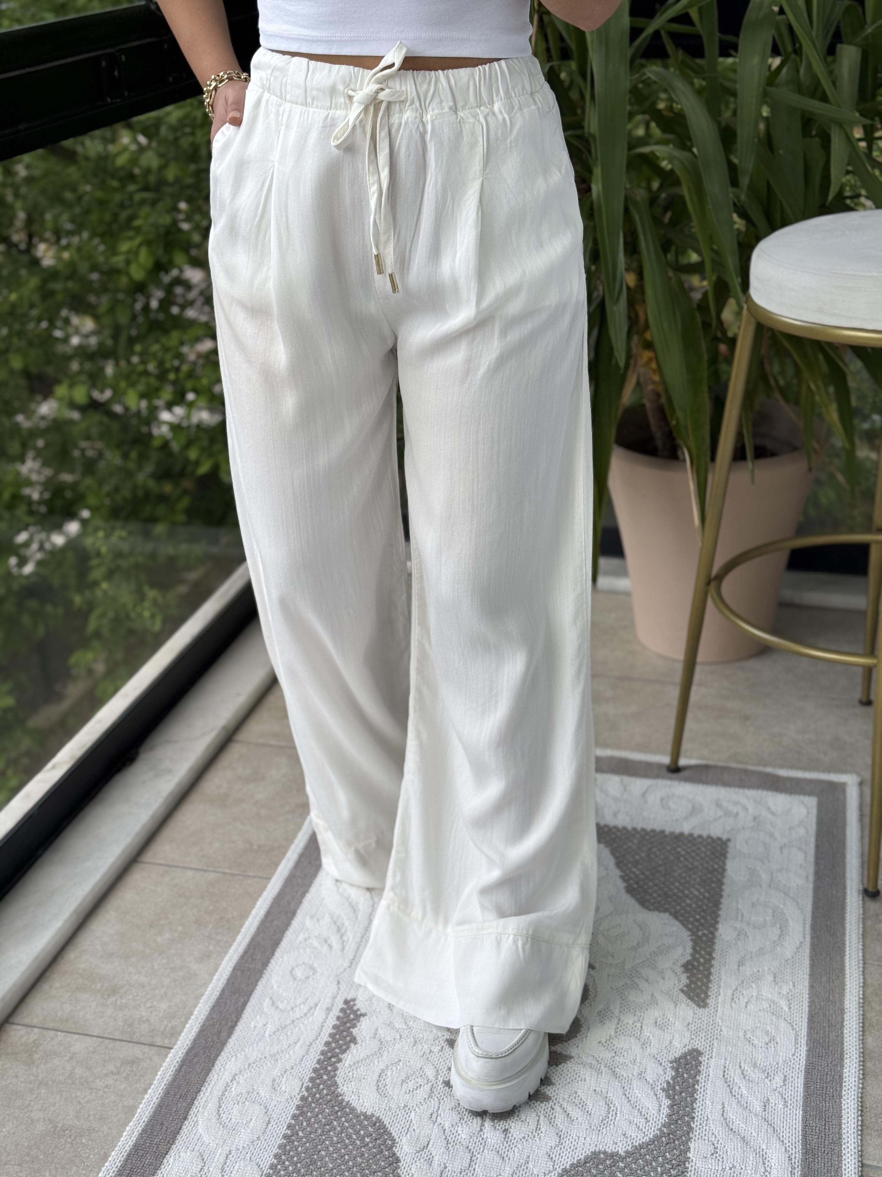 Paça Detaylı Lastikli Tensel Pantolon Ekru