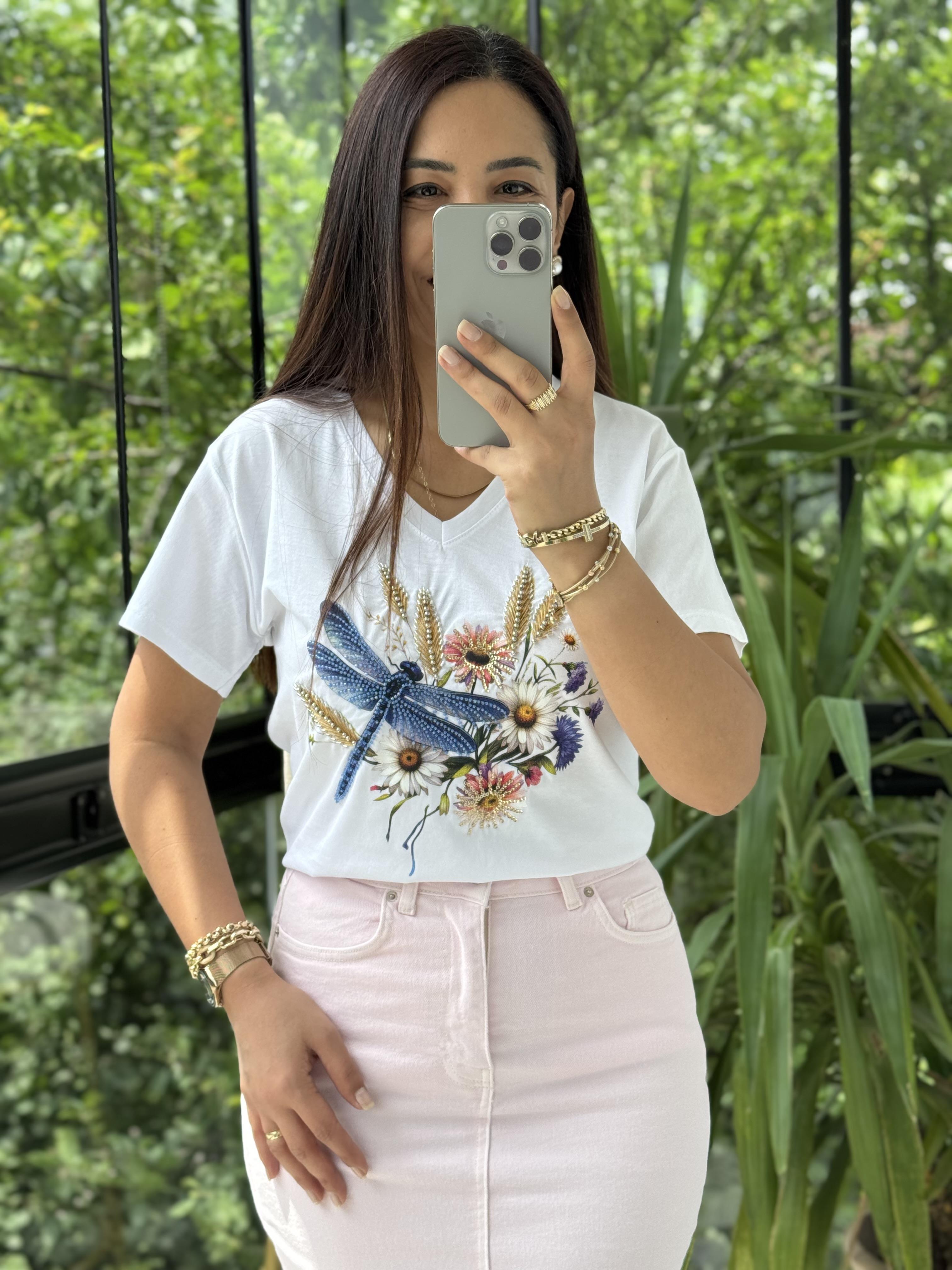 Pamuklu Tişört Çiçekli Boncuklu