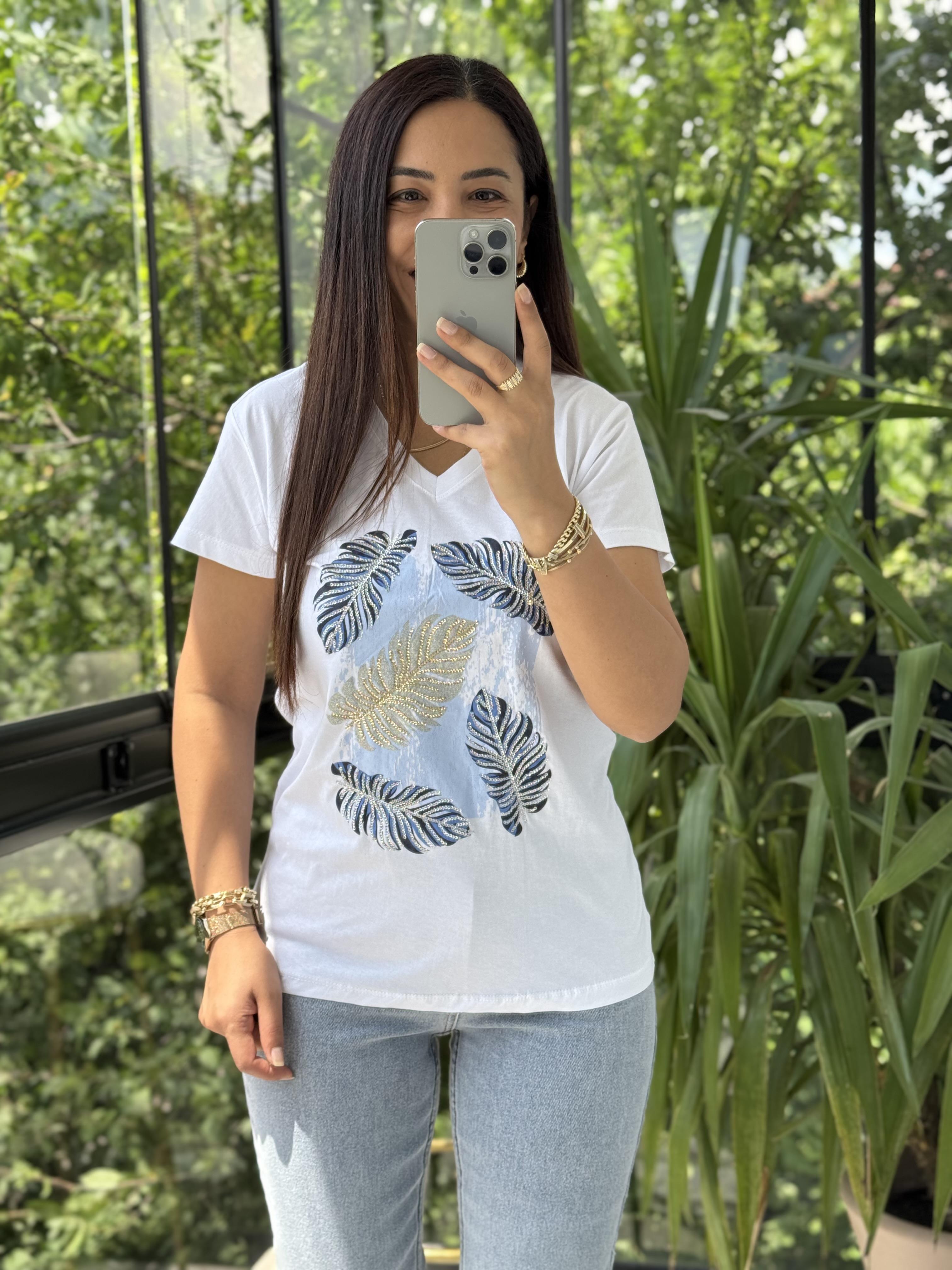 Pamuklu Tişört Gümüş Yapraklı