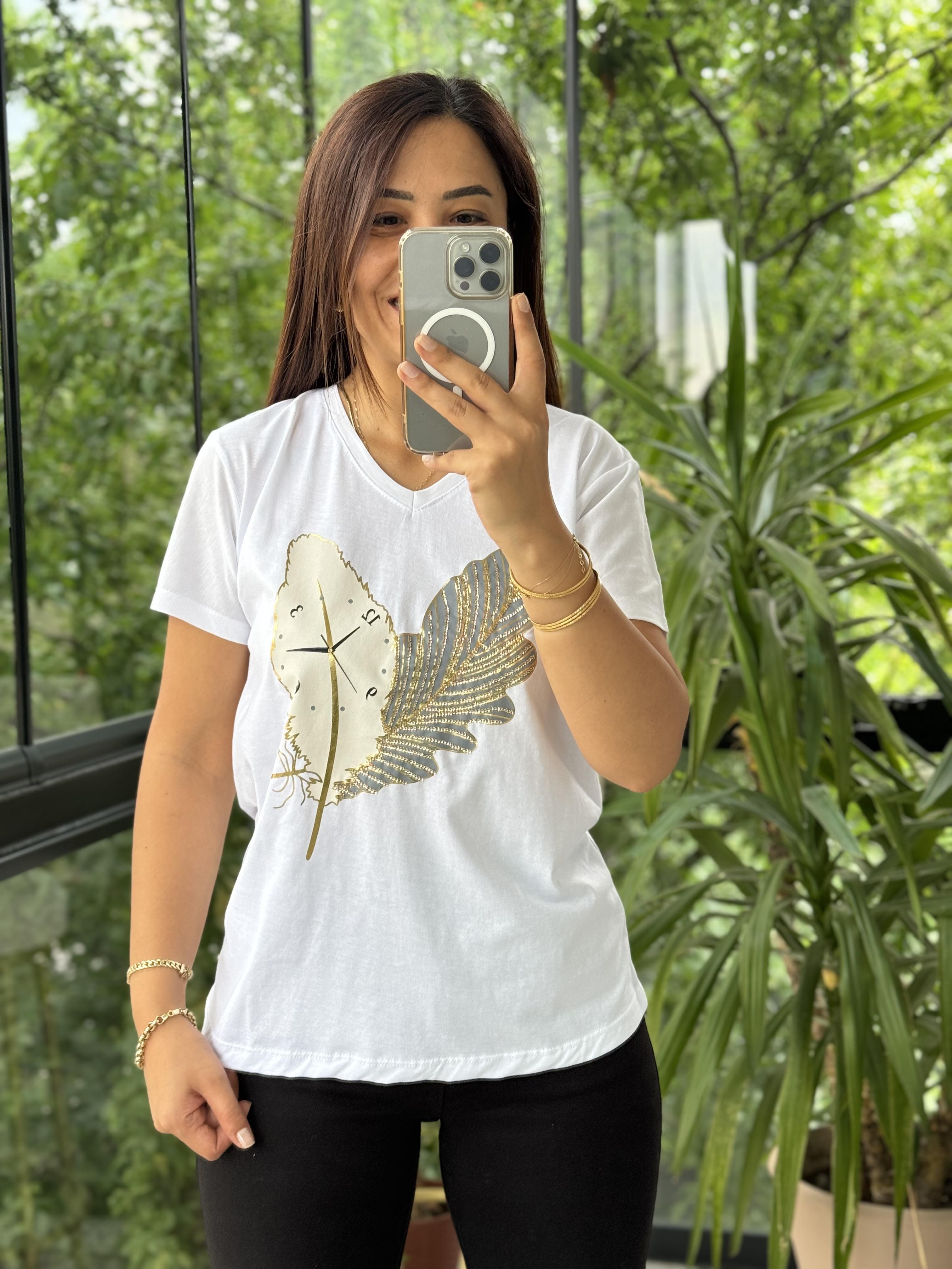 Pamuklu Tişört Saat Detaylı