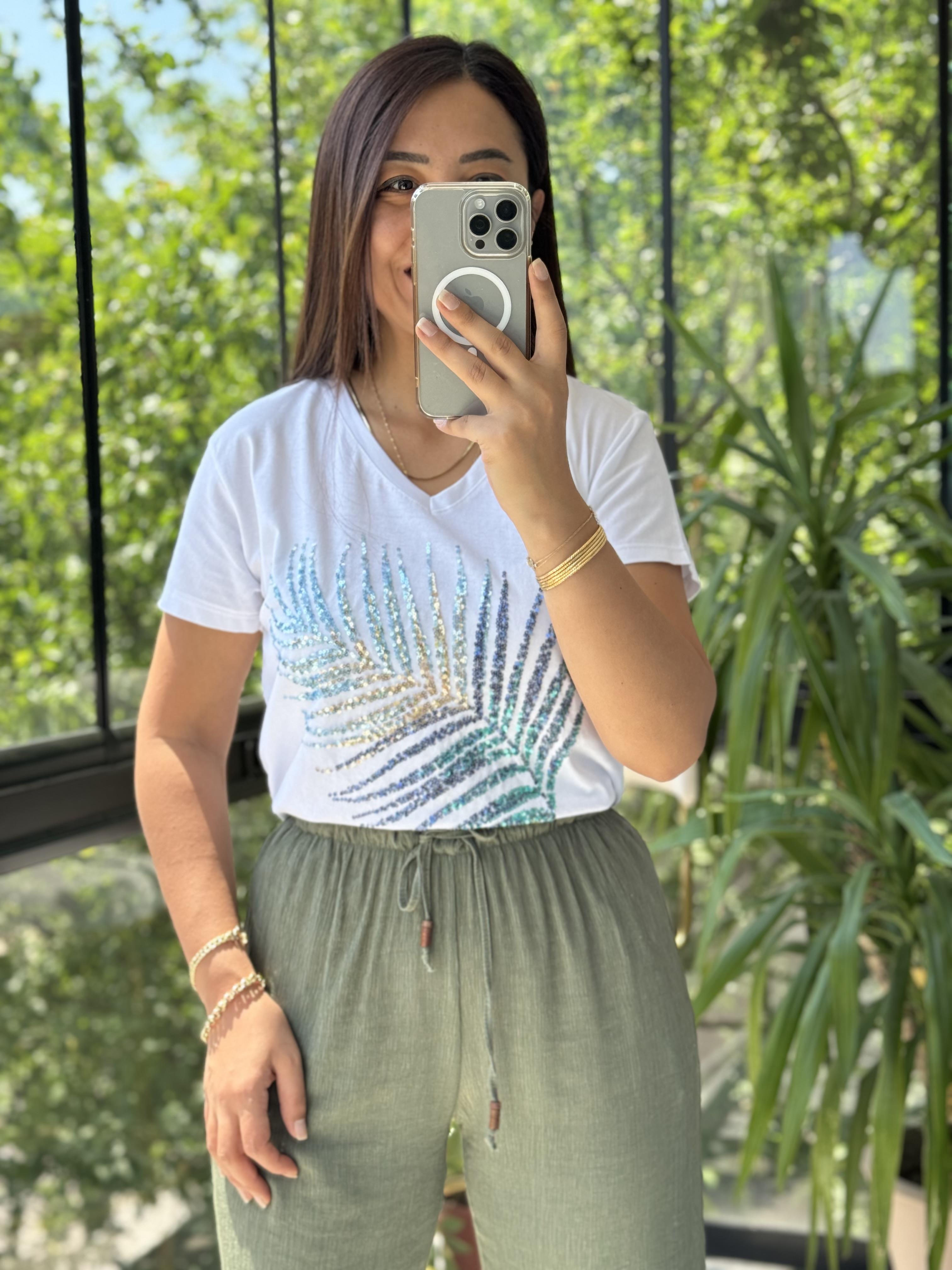 Pamuklu Tişört Yaprak Payetli