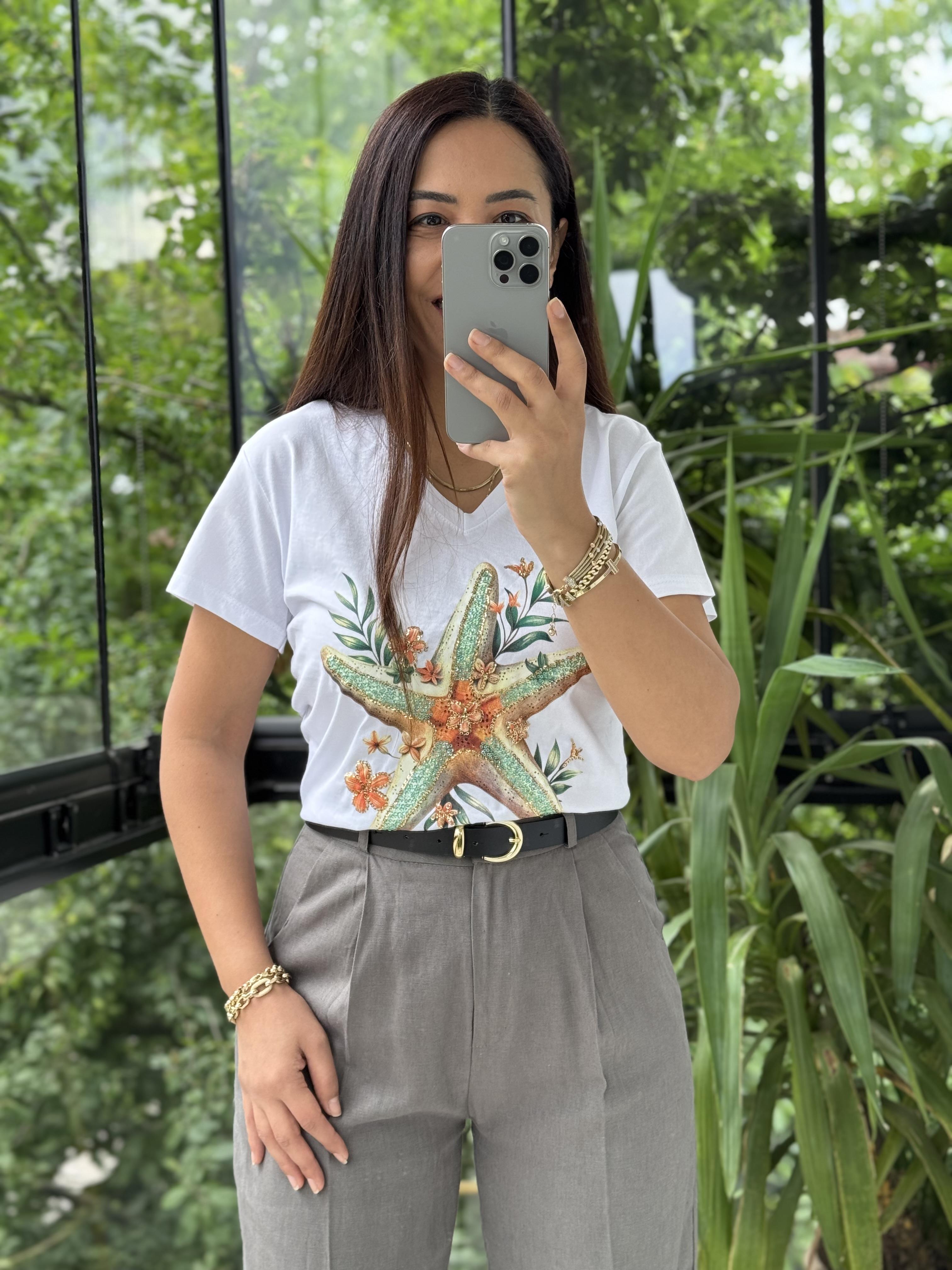 Pamuklu Tişört Yapraklı Yıldızlı