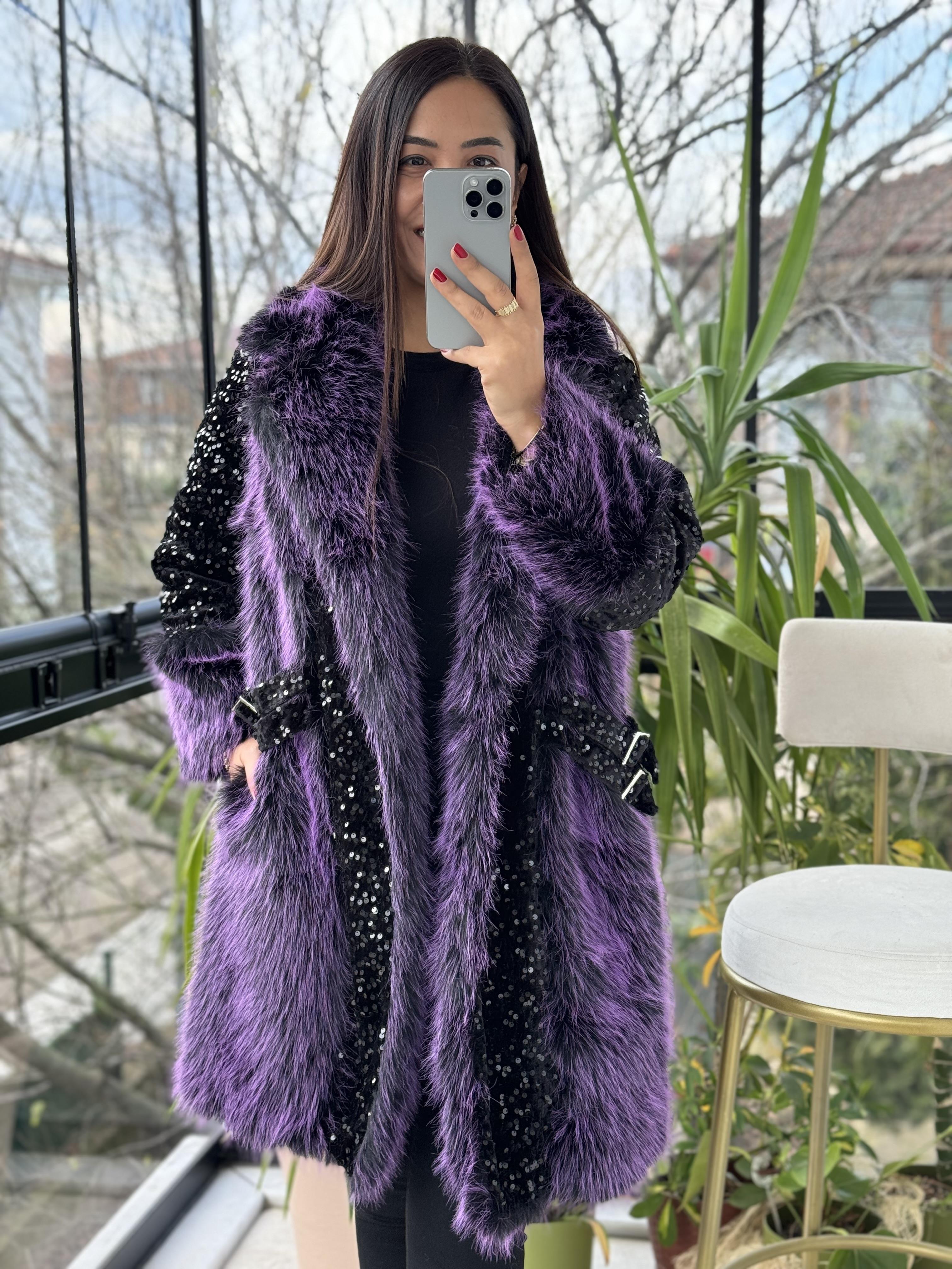 Payetli Kemer Detaylı Kürk Mont Mor