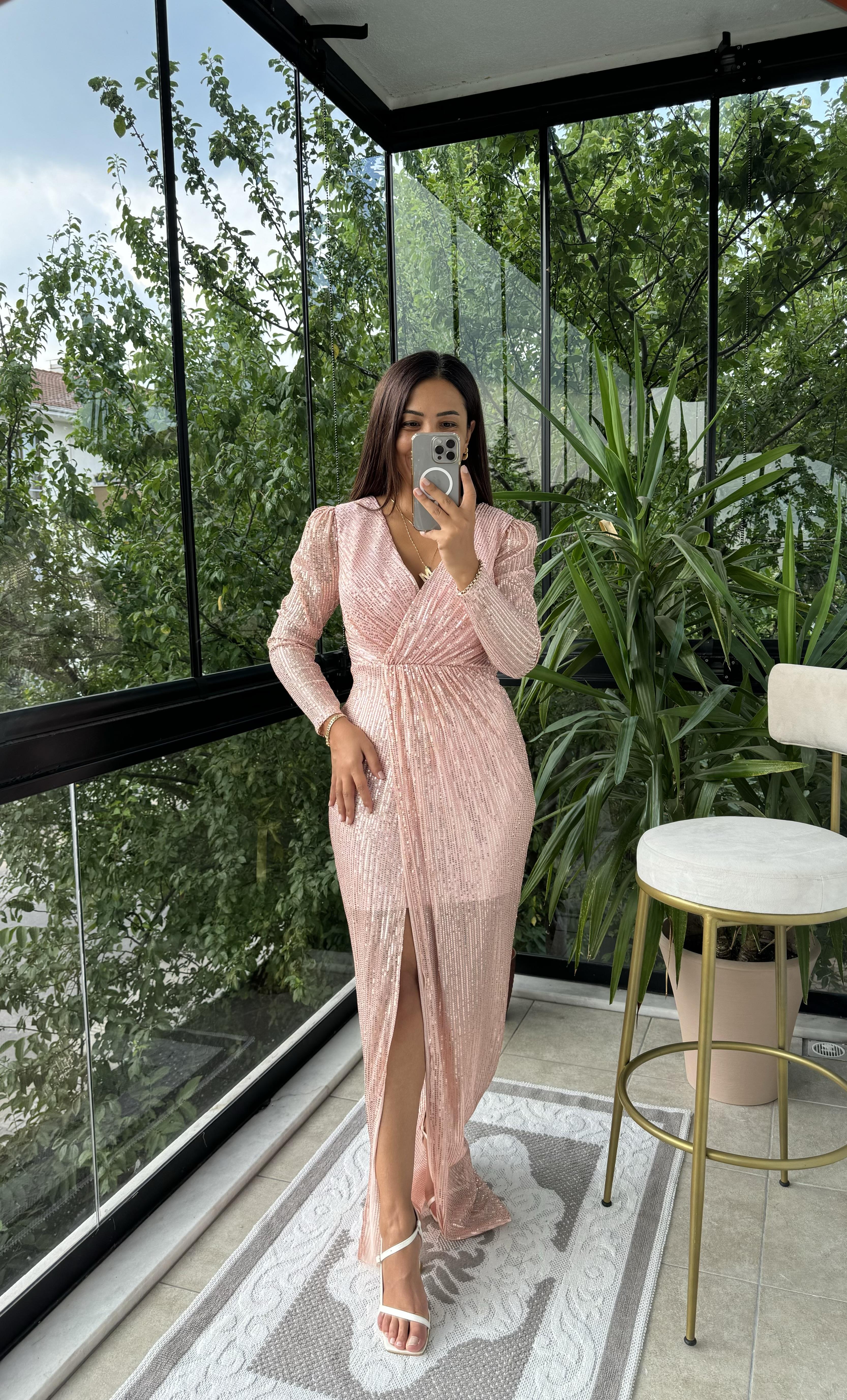 Payetli Kruvaze Abiye Pudra