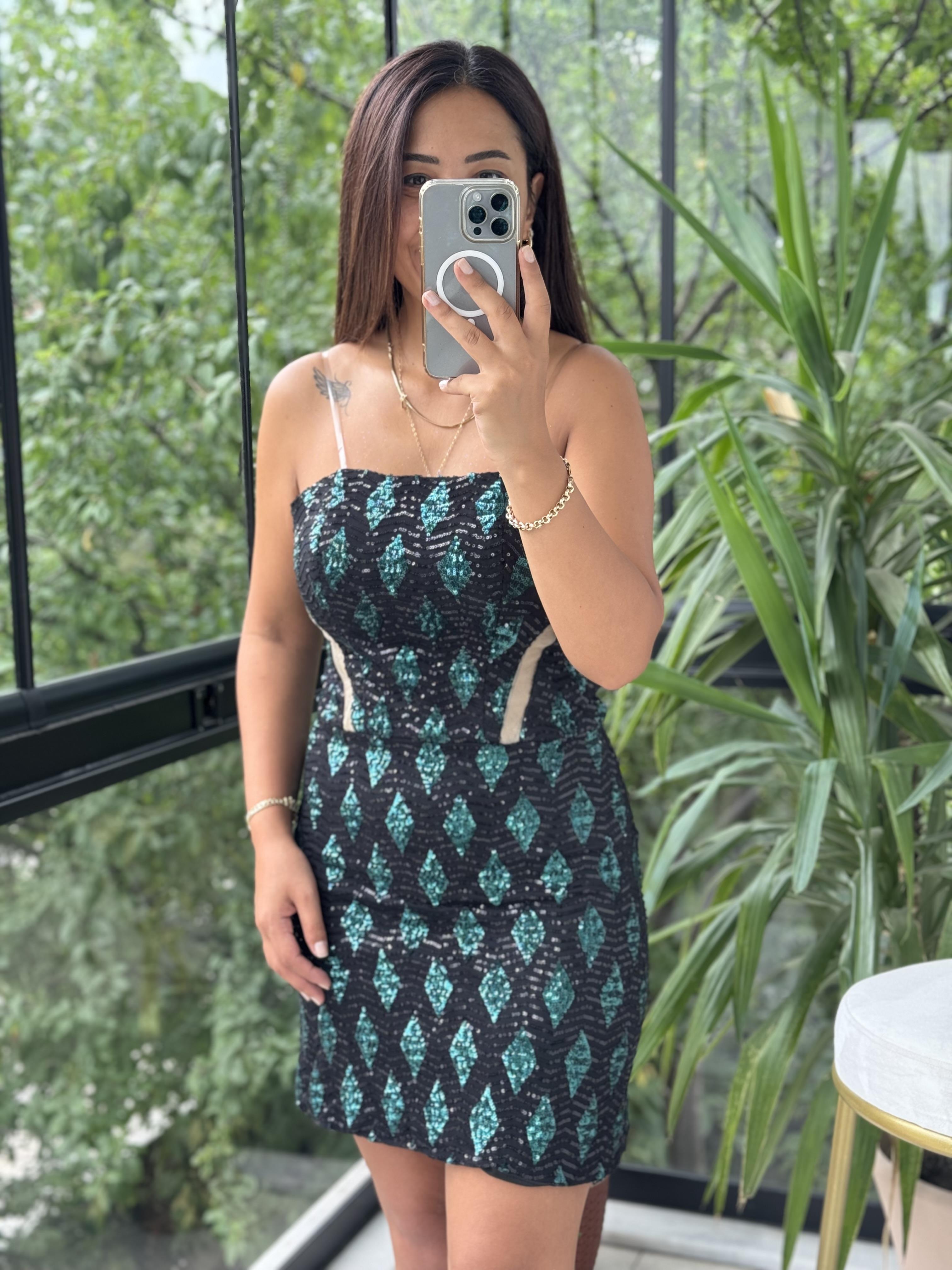 Payetli Mini Abiye Elbise Zümrüt