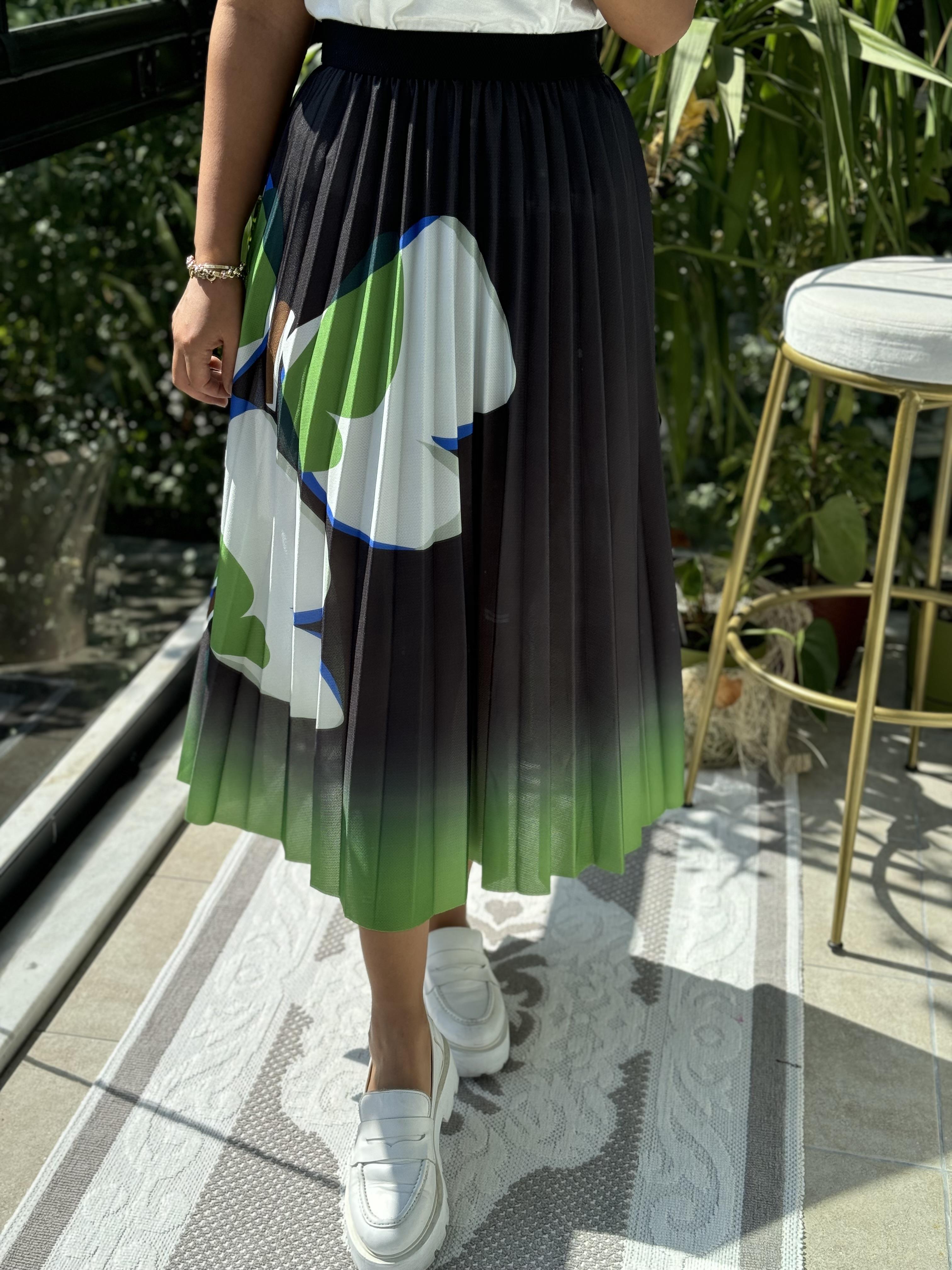 Pileli Desenli Etek Çimen Yeşil