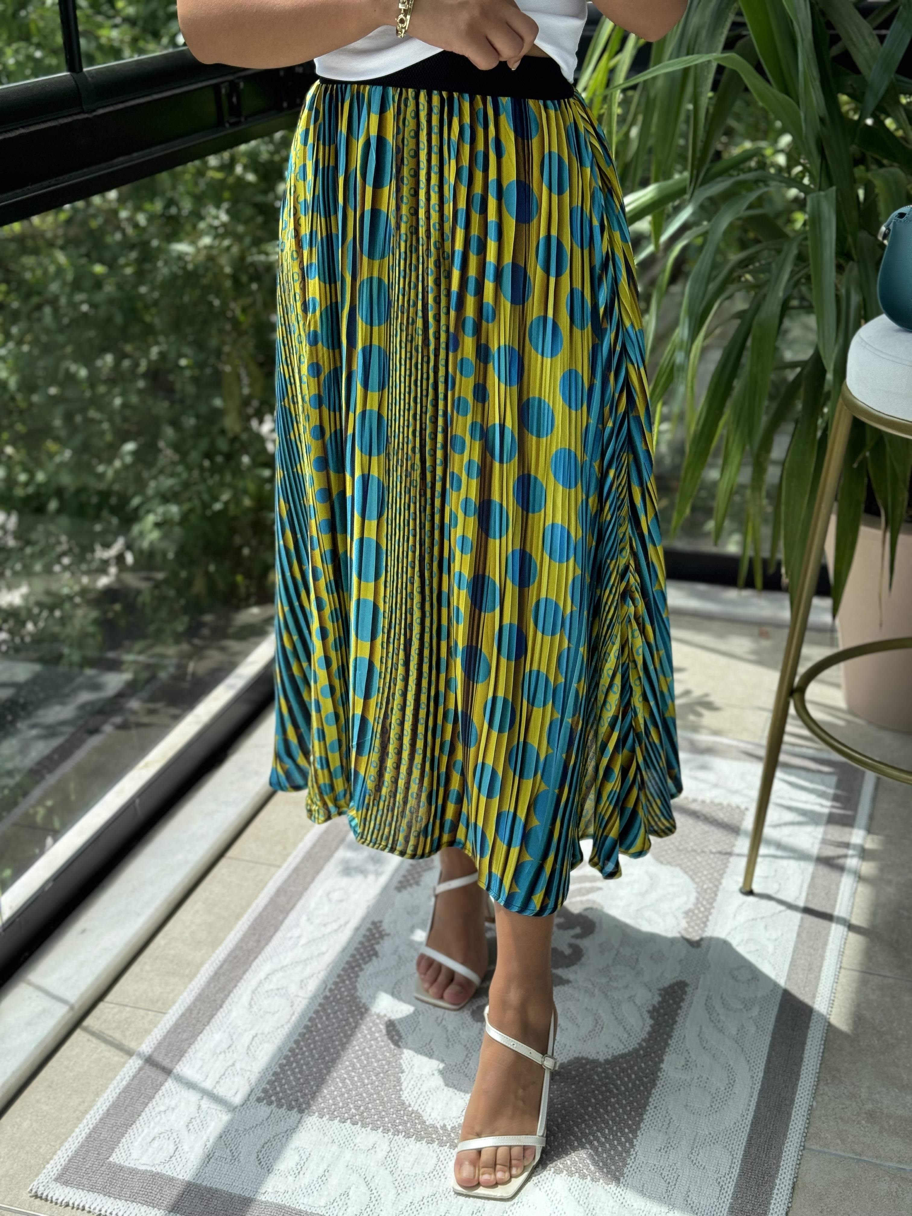 Pileli Desenli Etek Turkuaz