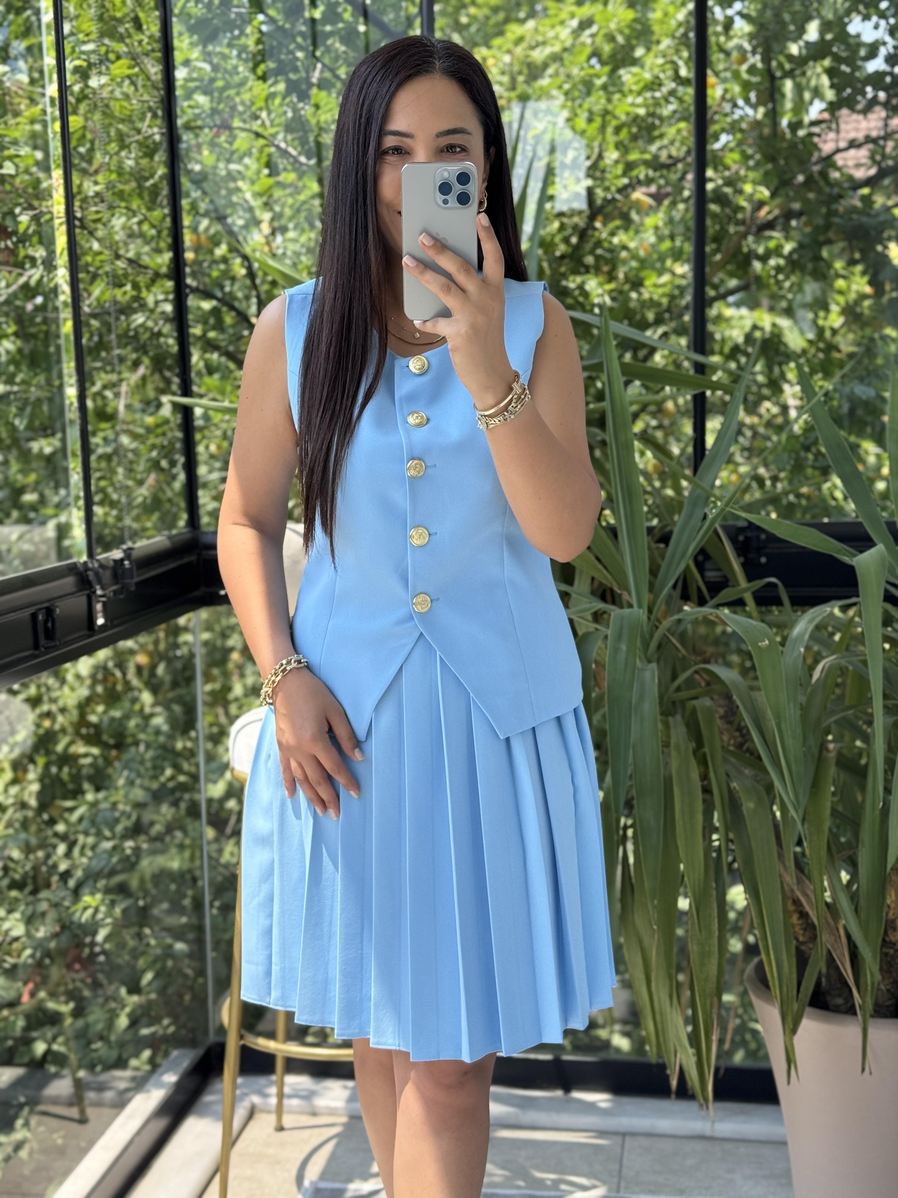 Pileli Etekli Yelek Takım Bebe Mavi