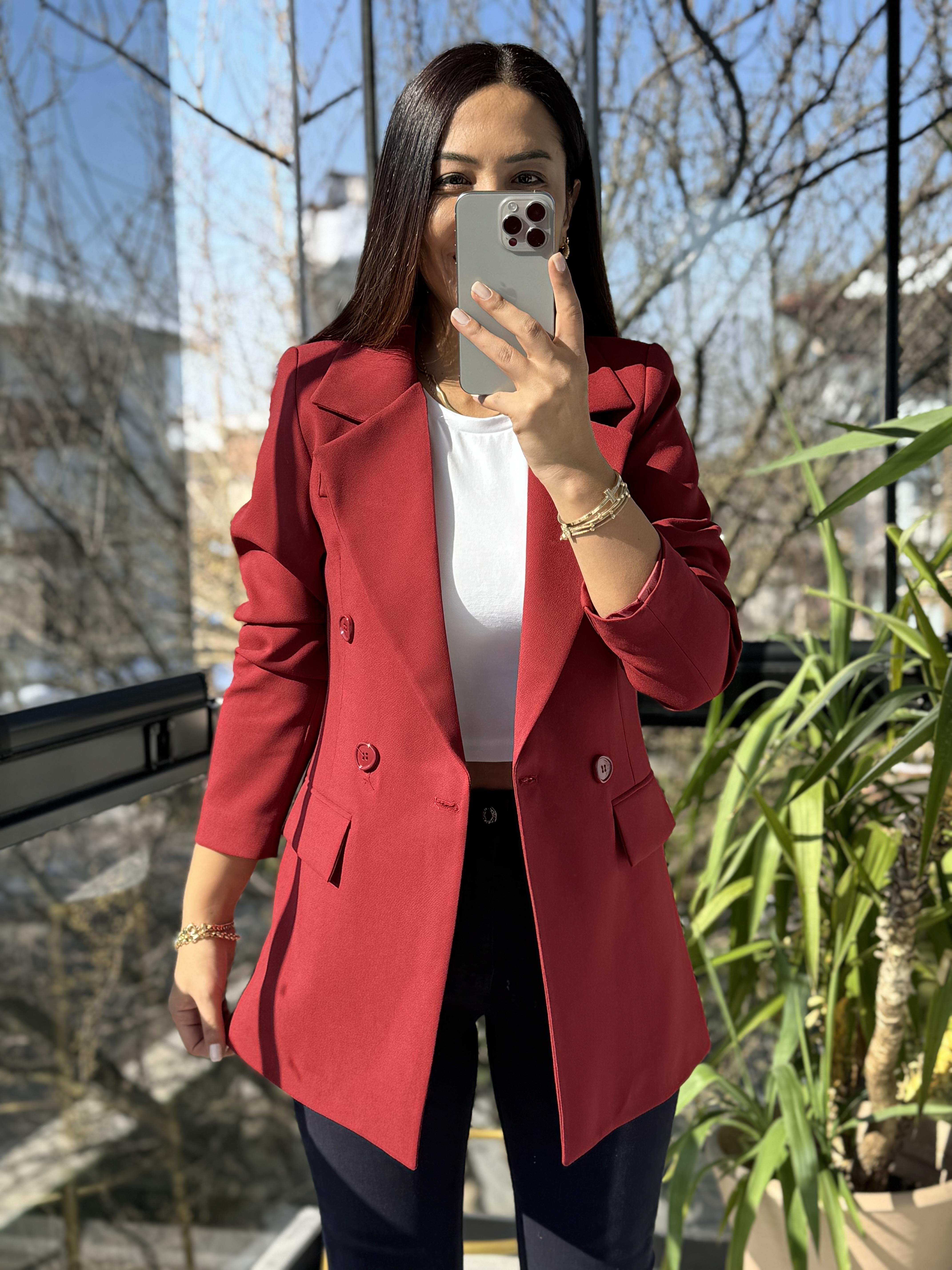 Poliviskon Kumaş Slimfit Blazer Ceket Bordo 