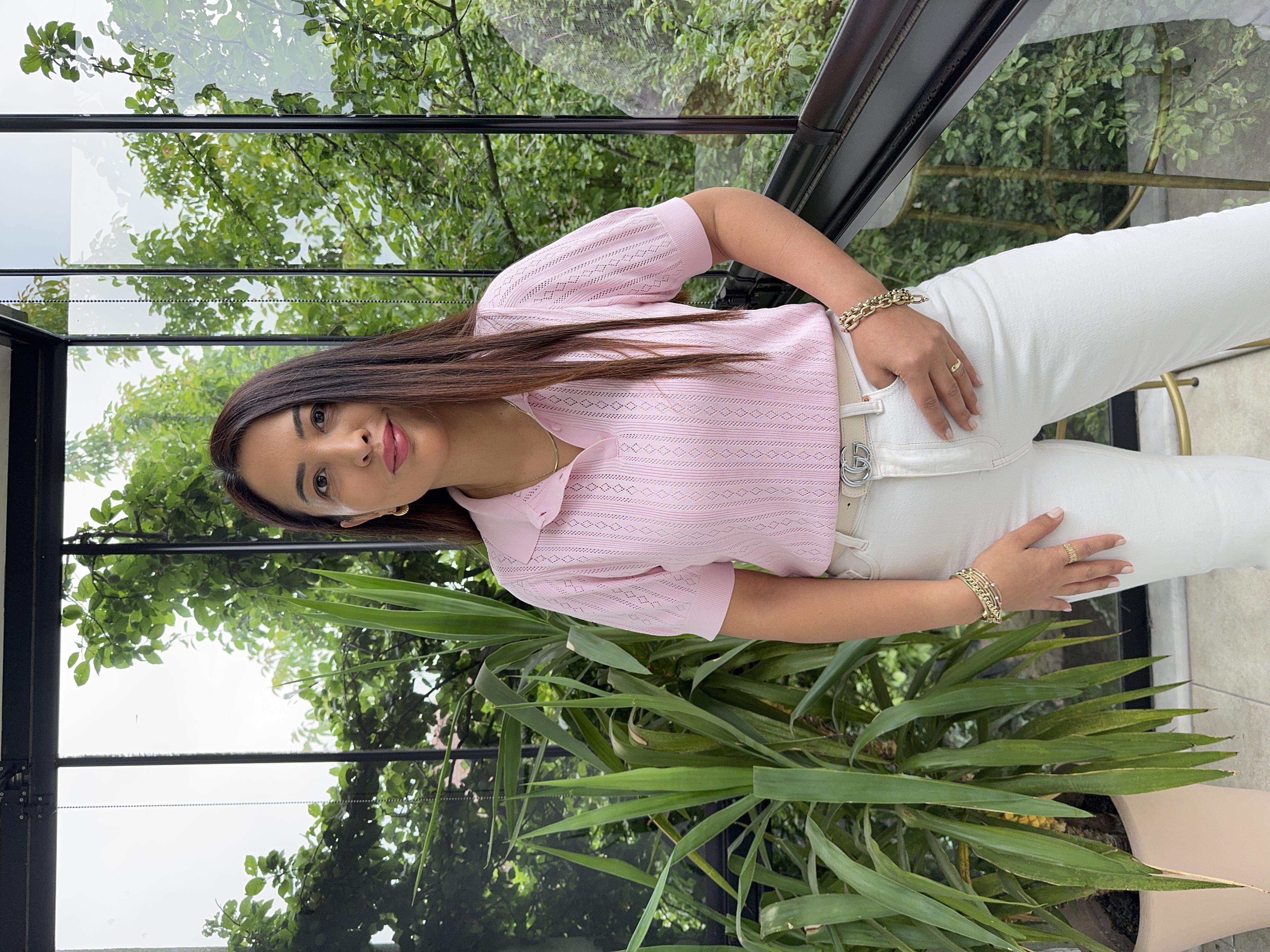 Polo Yaka Ajurlu Kısa Kol Triko Pembe