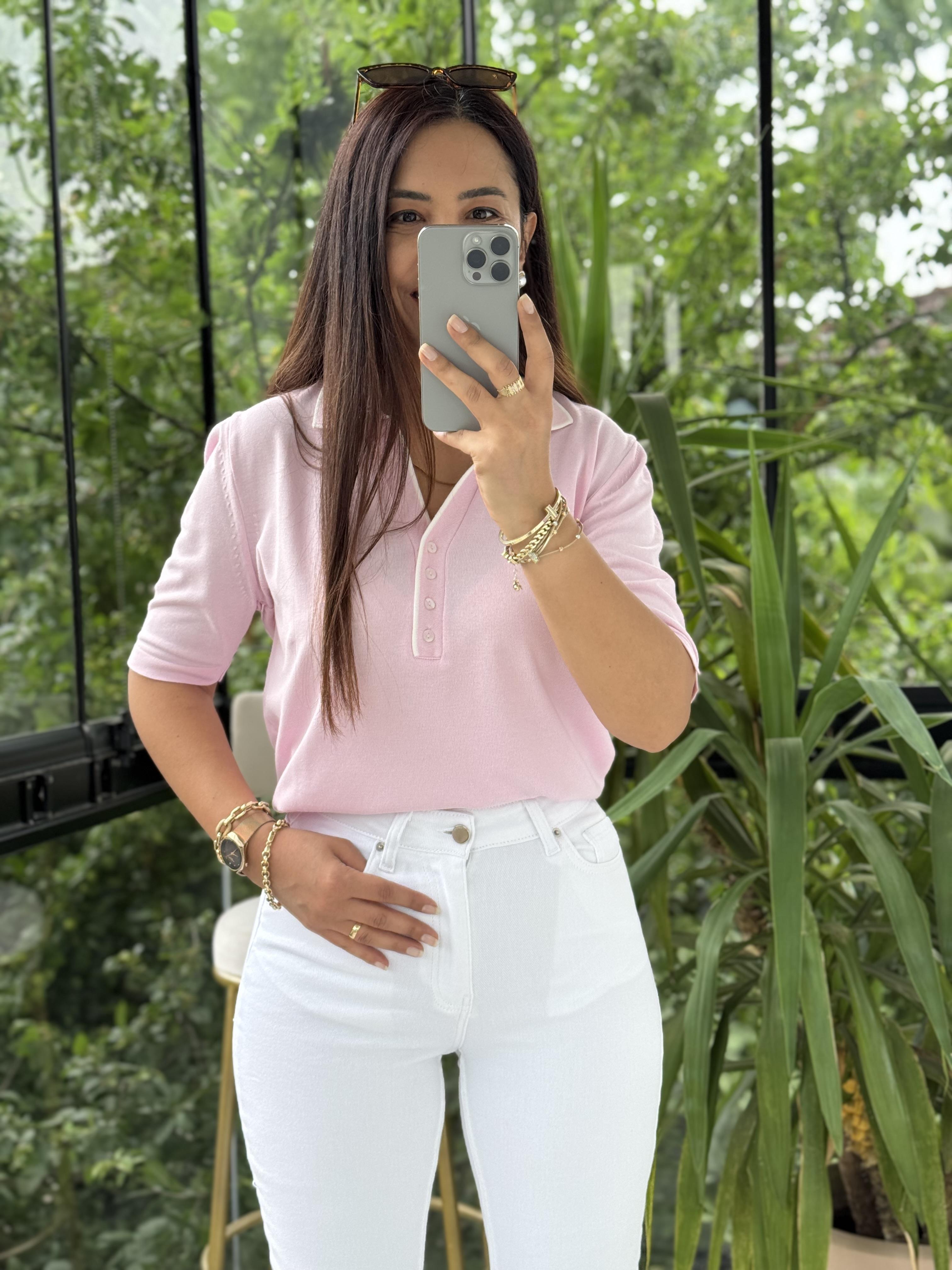 Polo Yaka Özel Düğmeli Triko Bluz Pembe