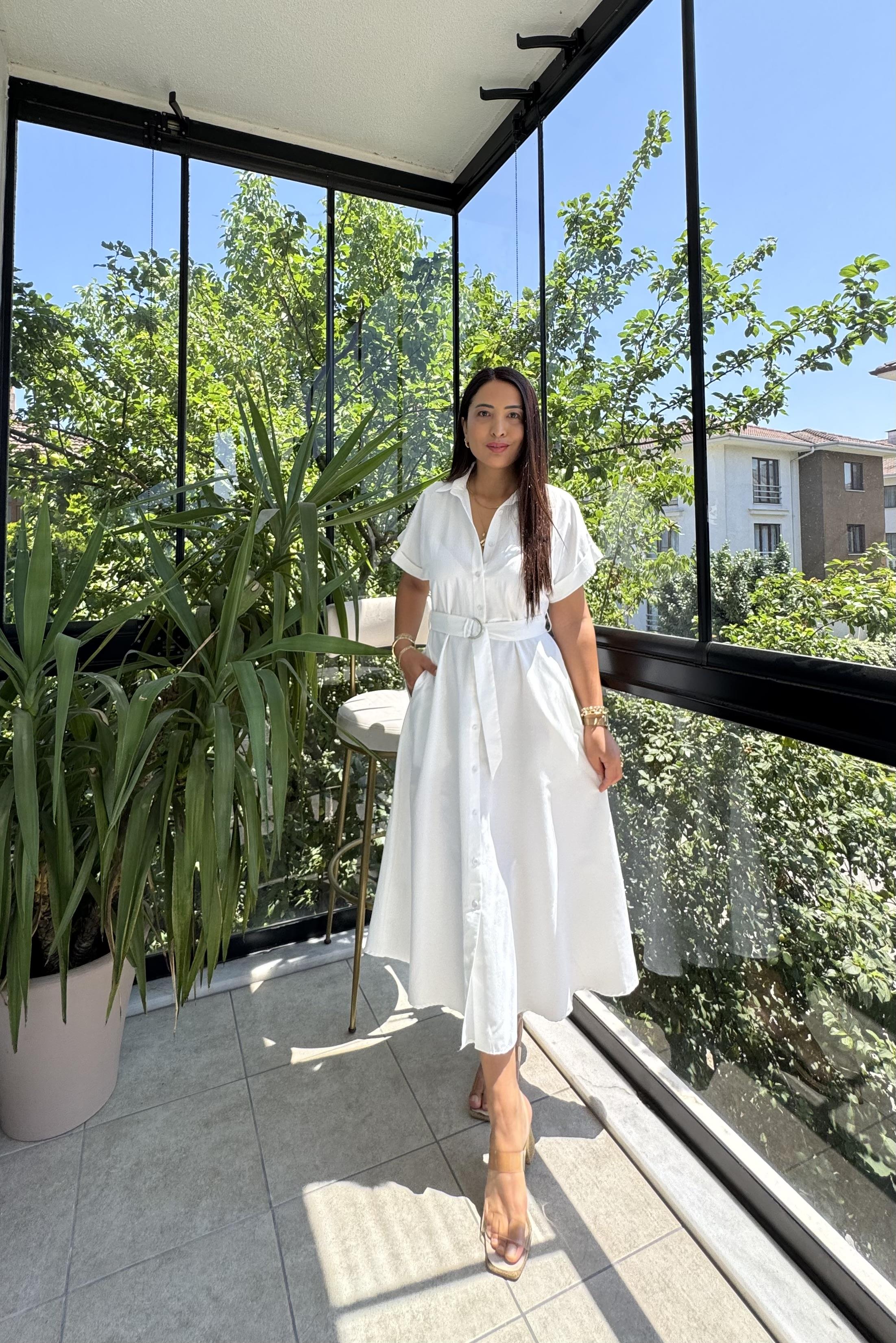 Poplin Kemerli Elbise Beyaz