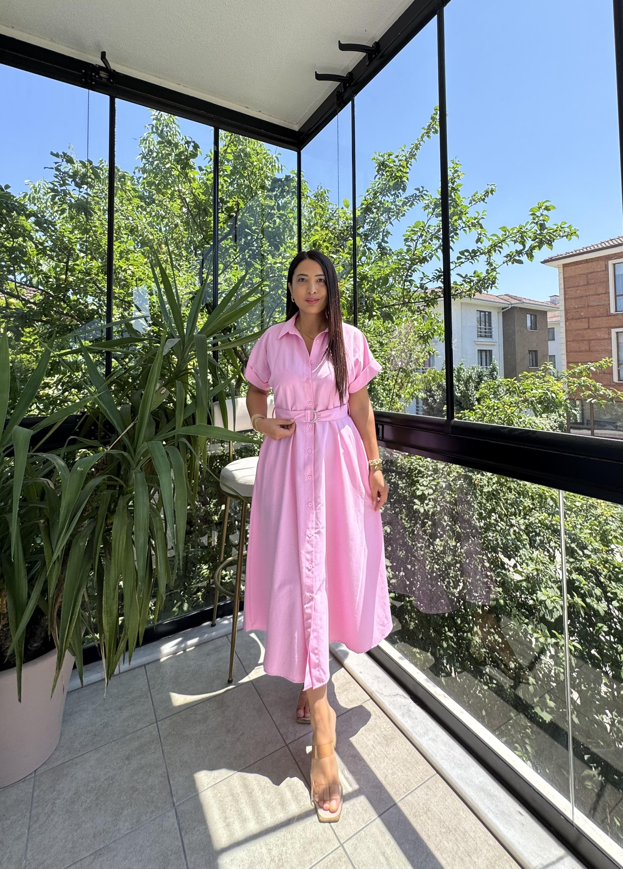 Poplin Kemerli Elbise Pembe