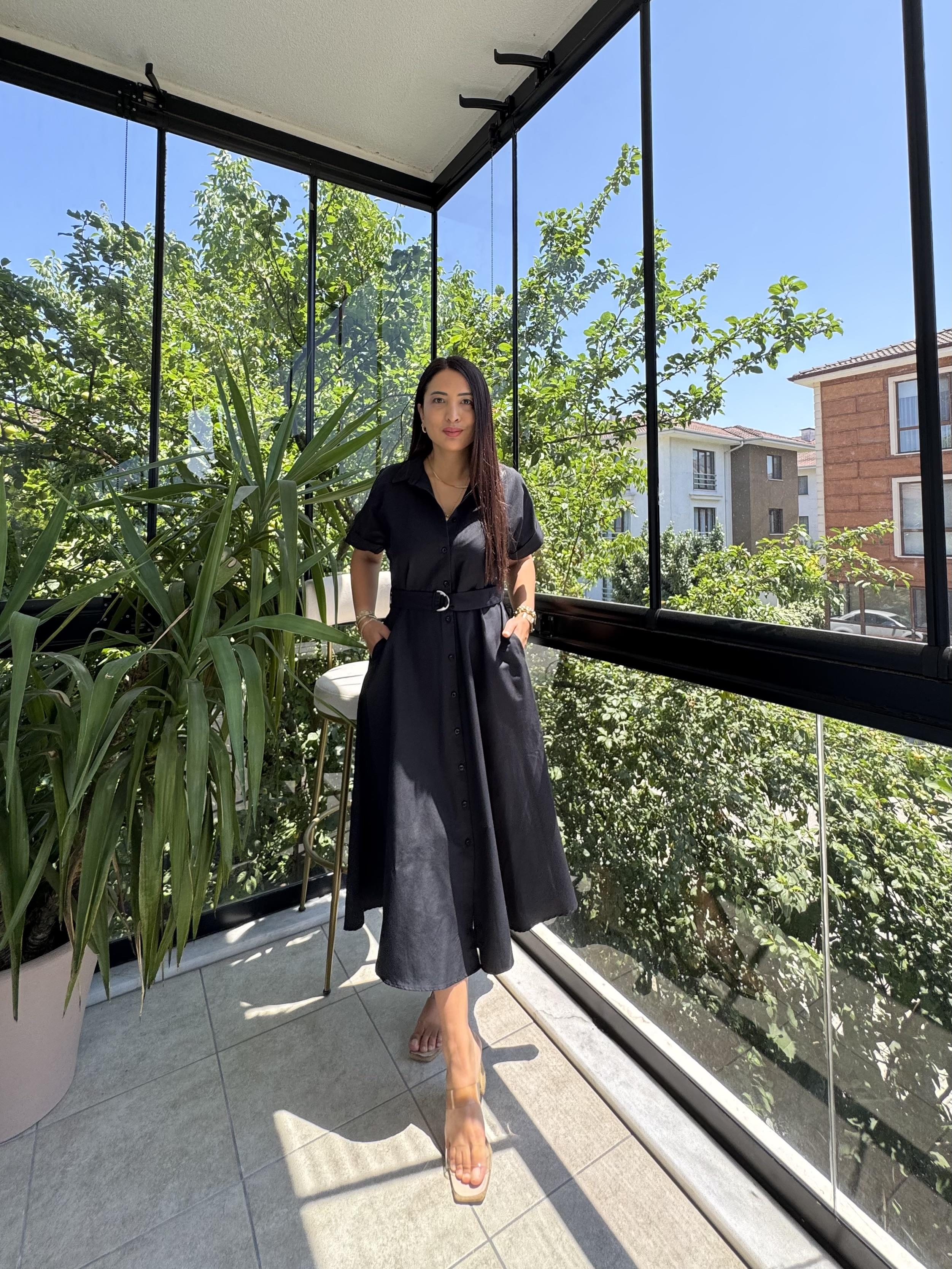 Poplin Kemerli Elbise Siyah