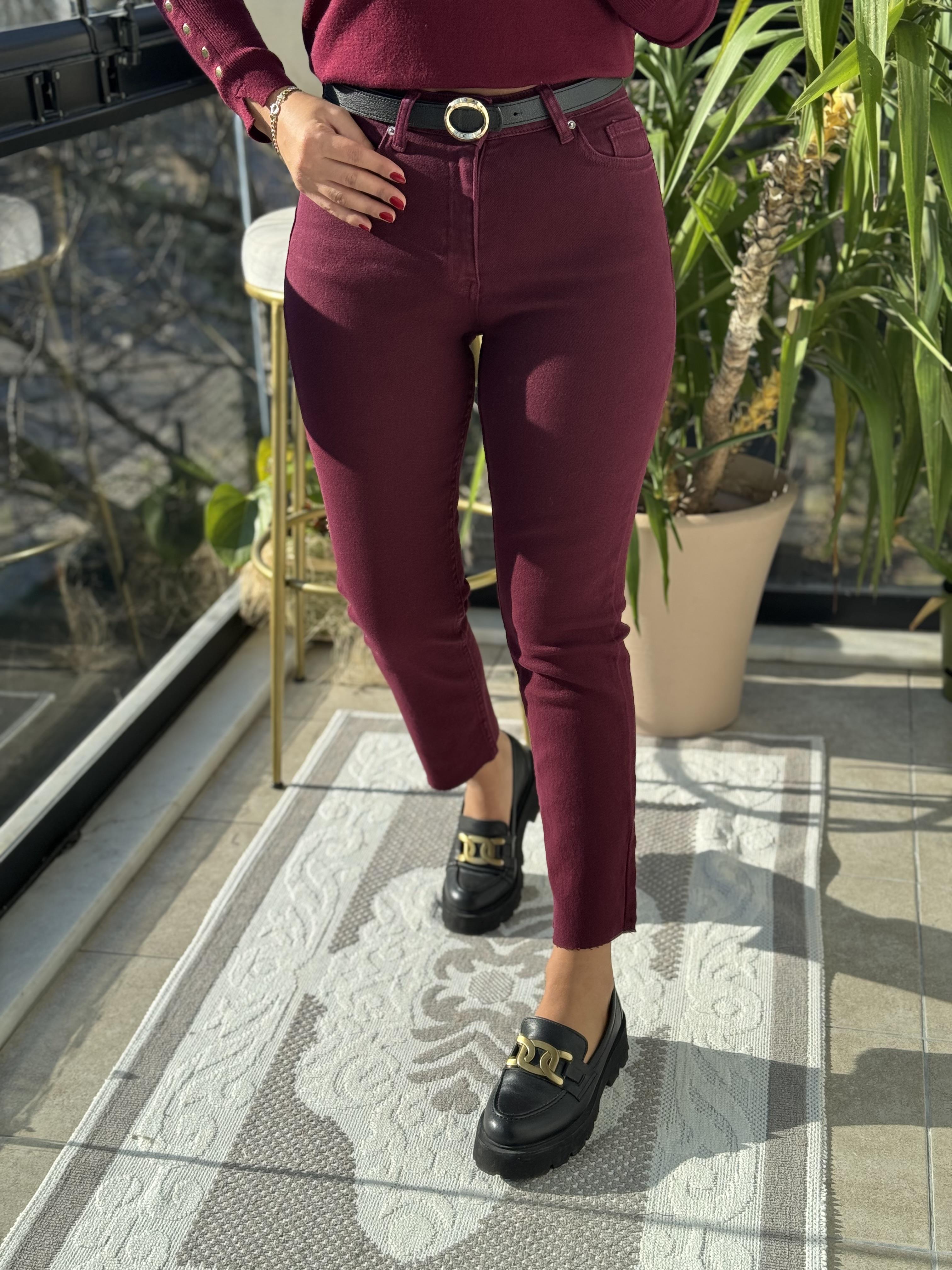 Premium Kalite Kesik Paça Jean Bordo