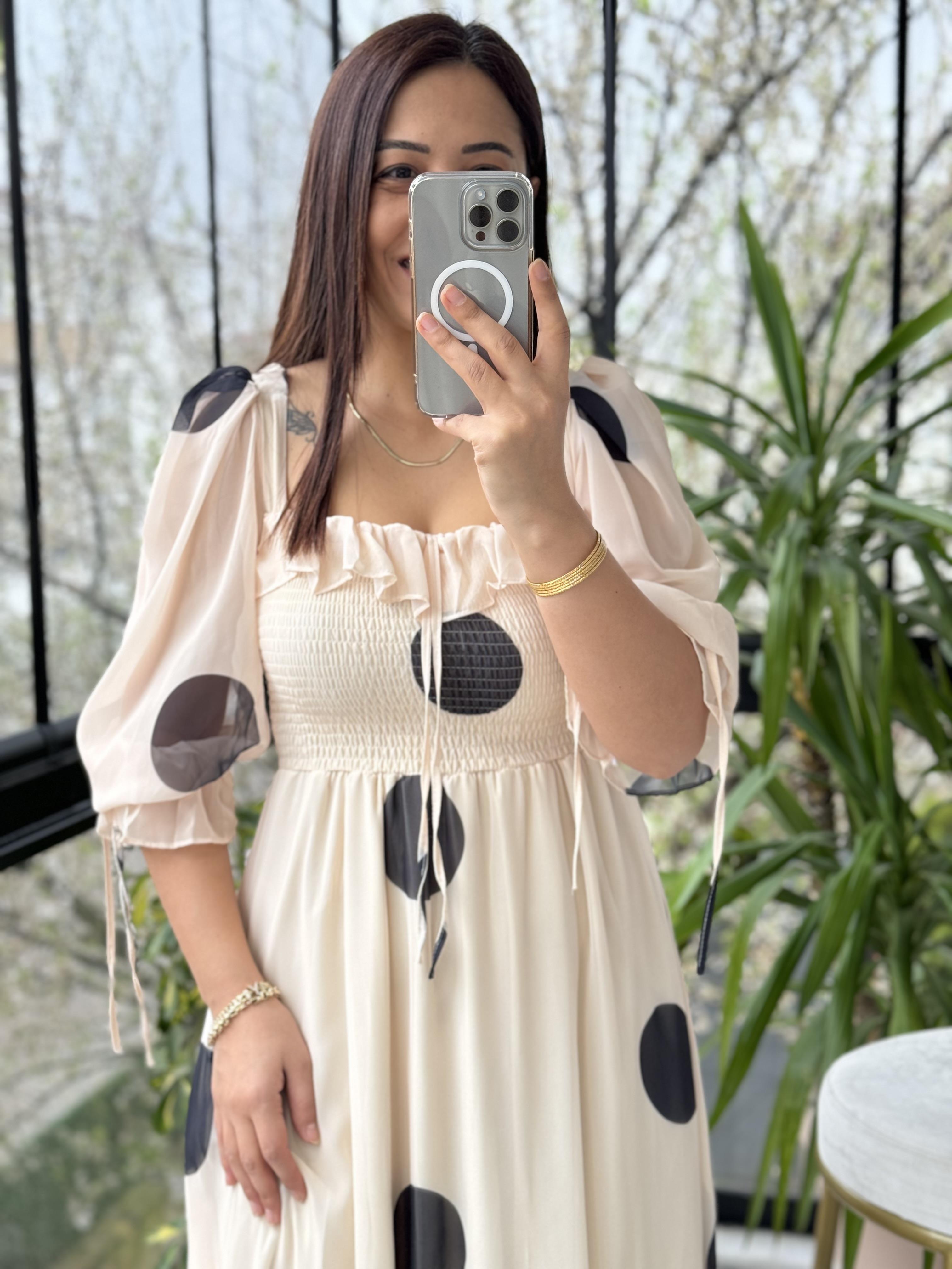 Puantiye Şifon Elbise Bej