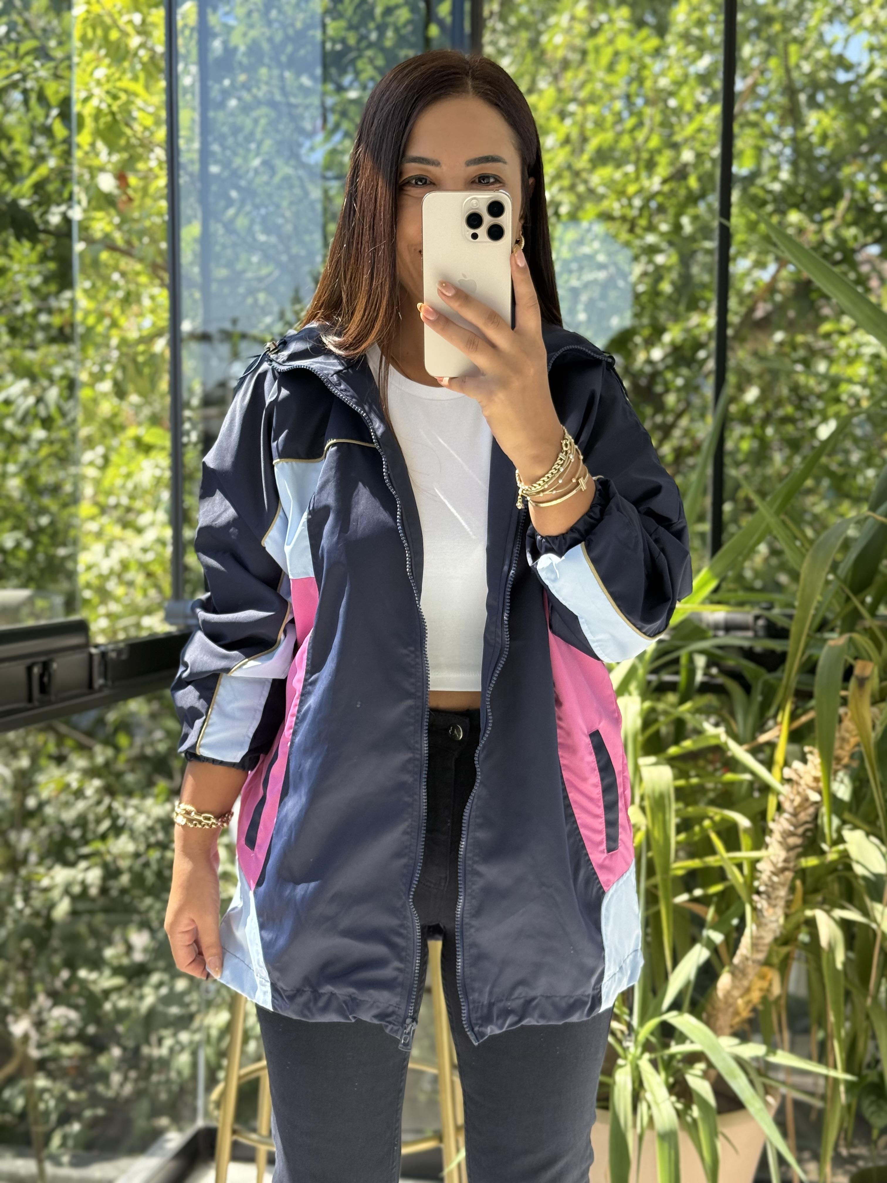 Renk Bloklu Yağmurluk Lacivert