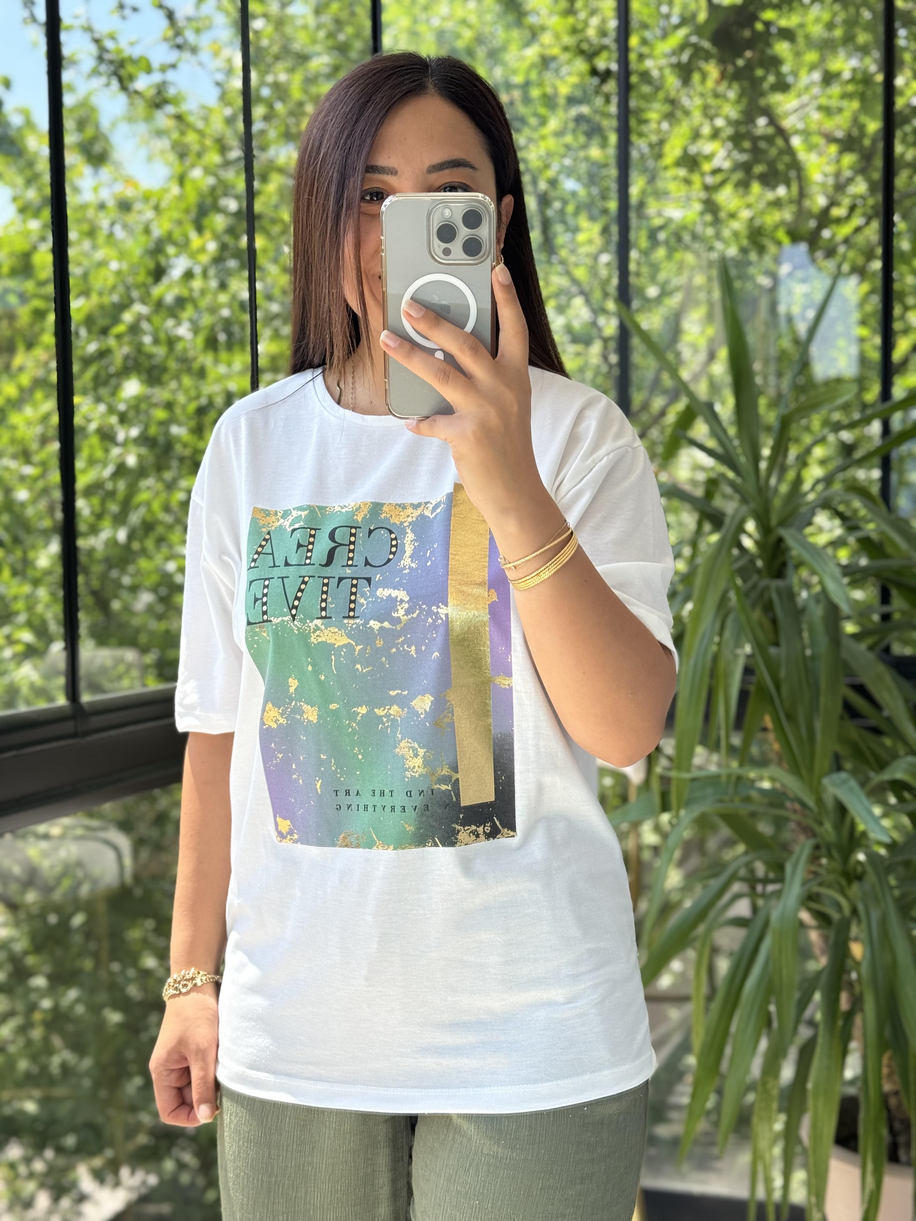 Renkli Baskılı Tişört Ekru