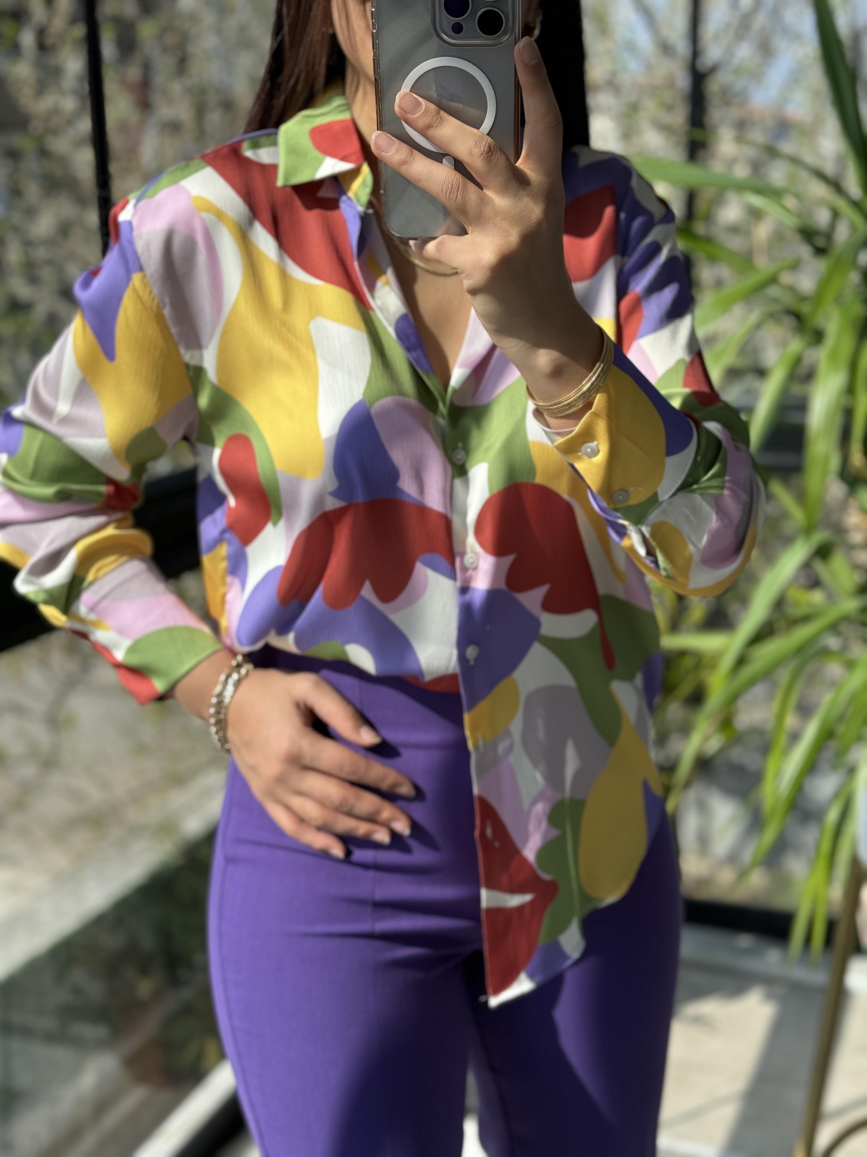 Renkli Desenli Gömlek Lila