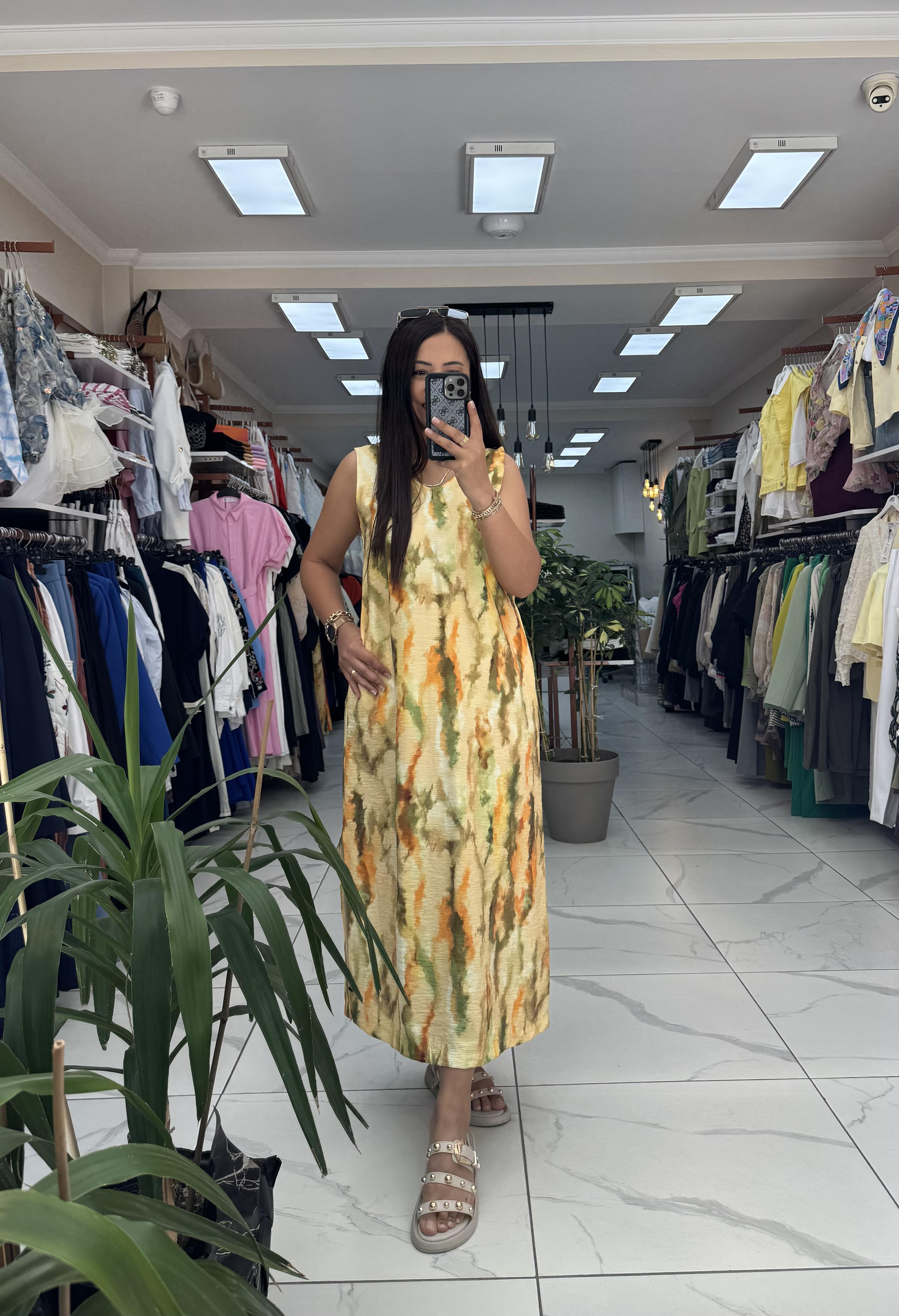 Renkli Desenli Kalın Askılı Elbise Yeşil