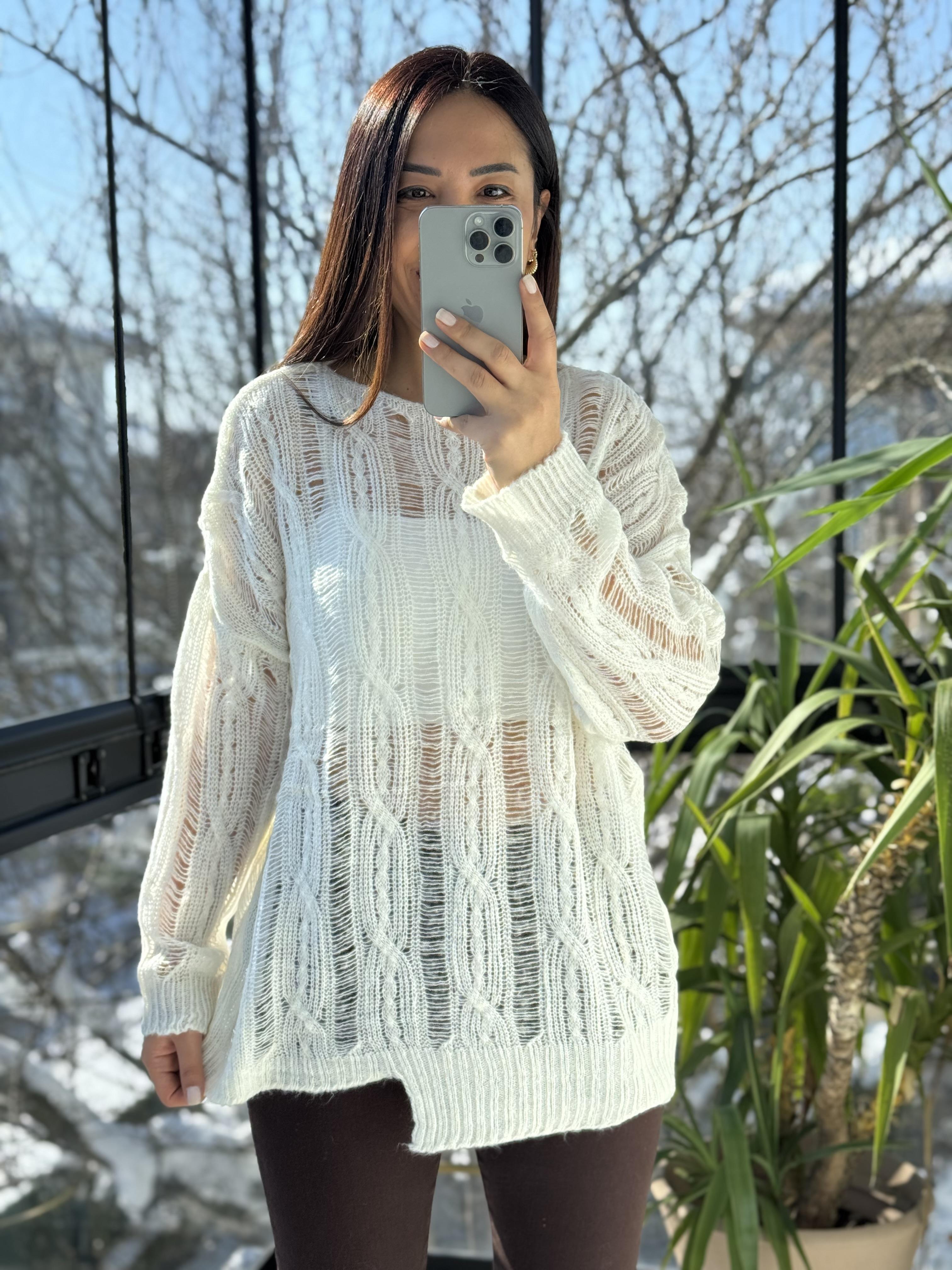 Saç Örgülü Ajurlu Kazak Ekru